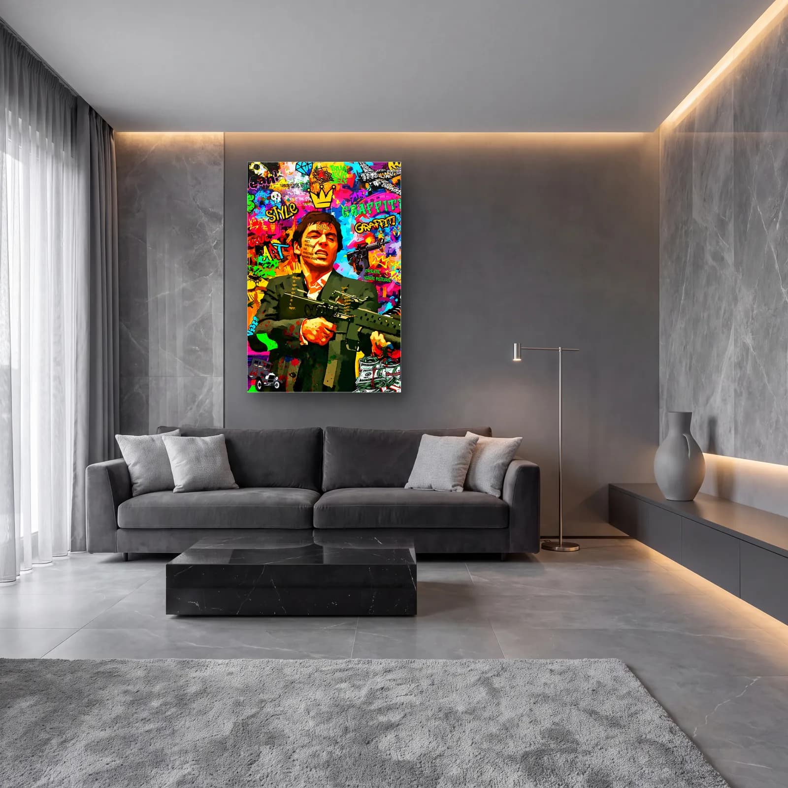 Grafiti Scarface Tony Montana cam tablo — lüks salon duvarında
