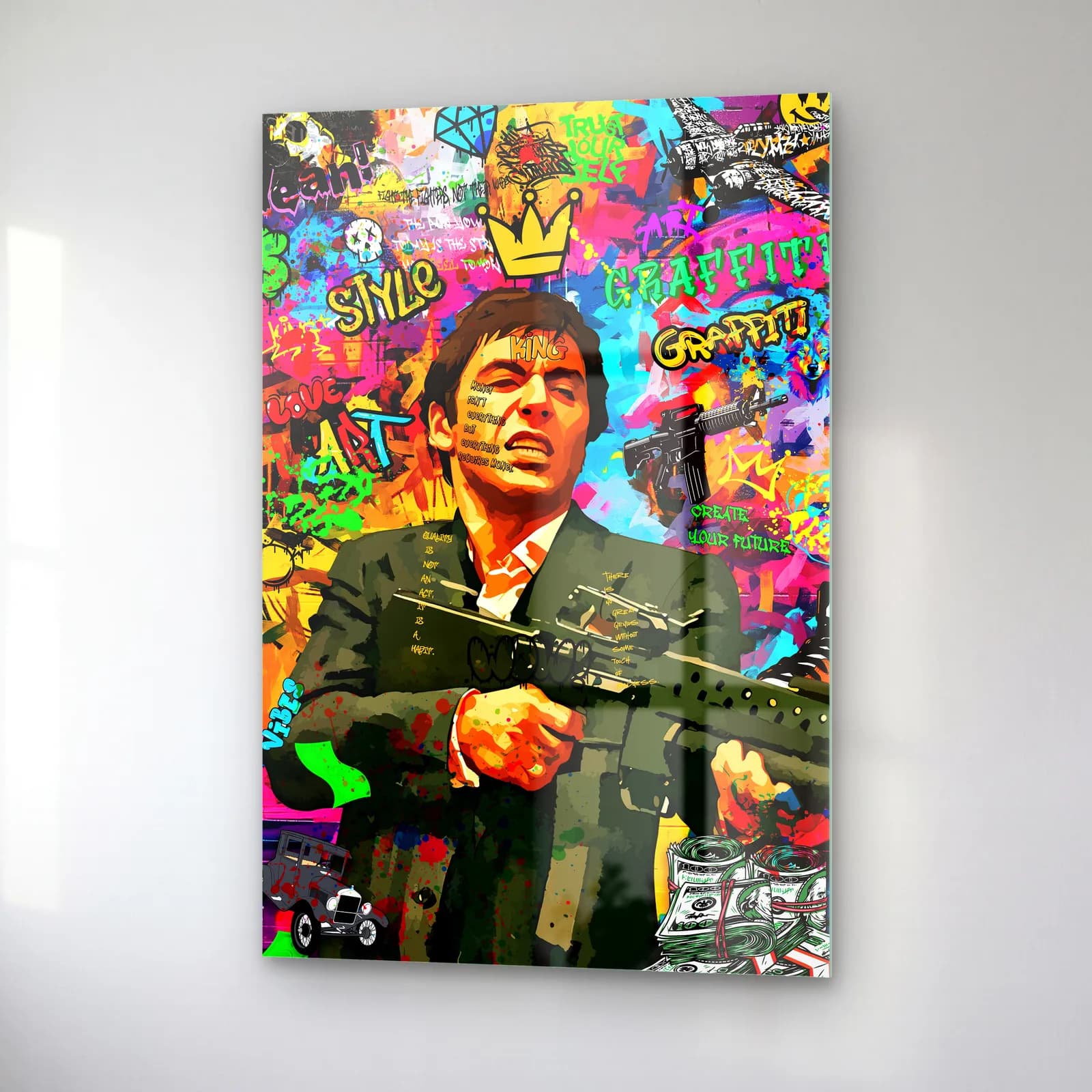 Grafiti Scarface Tony Montana cam tablo — sağ açıdan görünüm