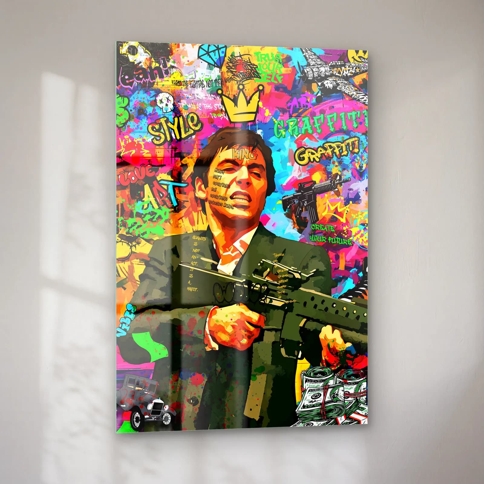 Grafiti Scarface Tony Montana cam tablo — sol açıdan görünüm