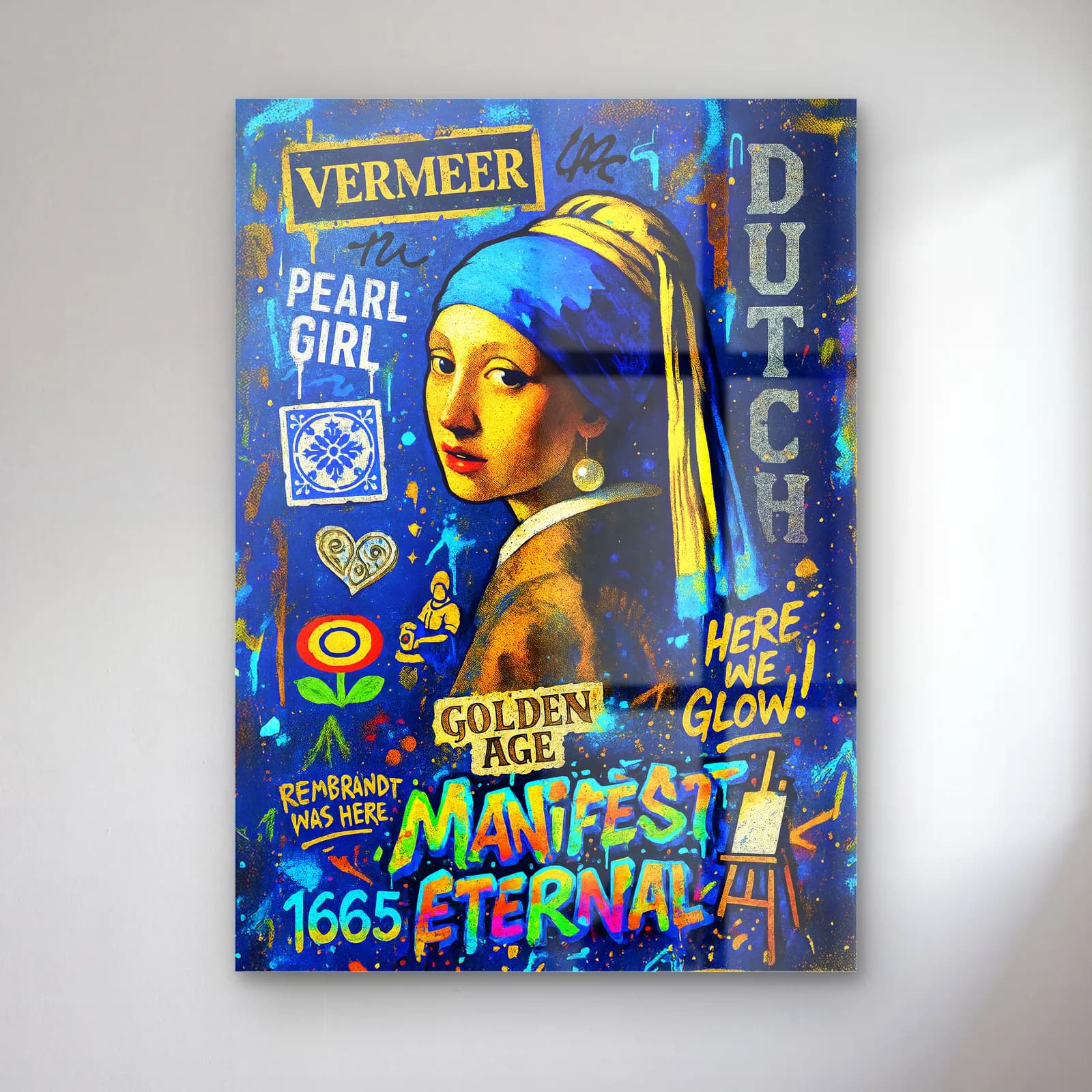 Pop Art İnci Küpeli Kız cam tablo — Lacivert grafiti zeminde mavi türbanlı İnci Küpeli Kız portresi