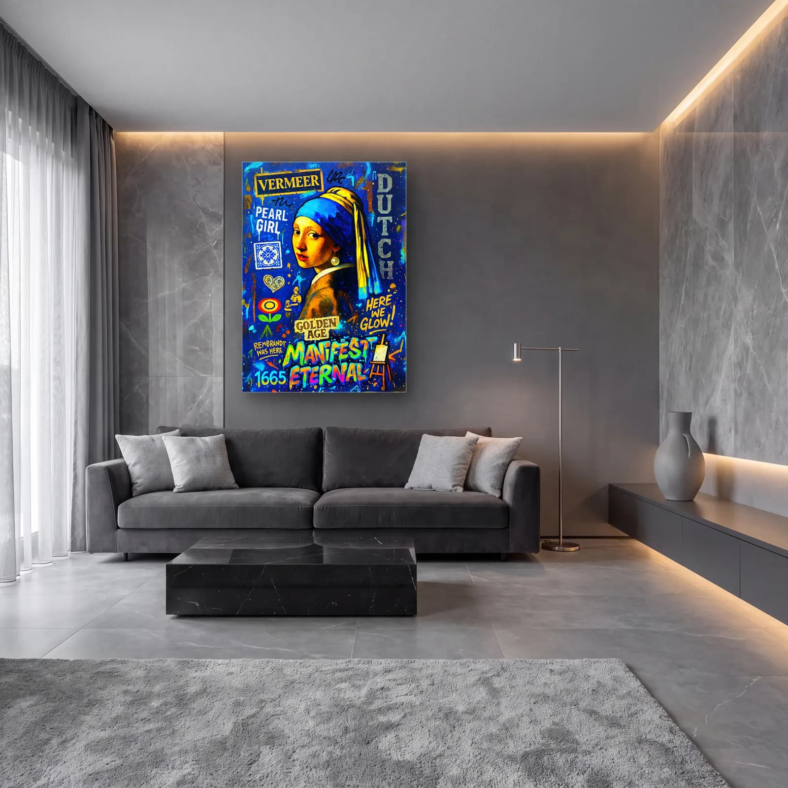 Pop Art İnci Küpeli Kız cam tablo — lüks salon duvarında