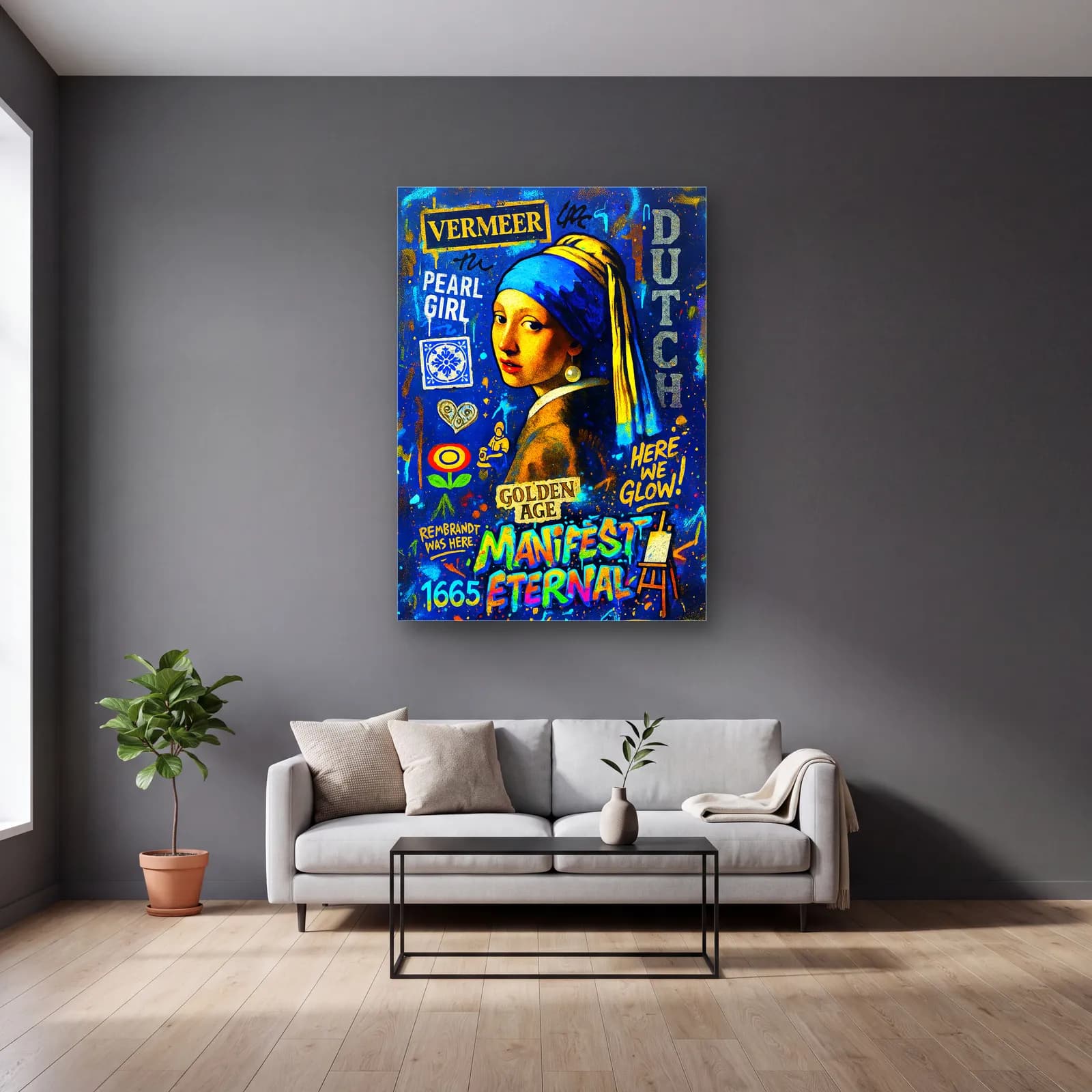 Pop Art İnci Küpeli Kız cam tablo — gri duvarlı salonda