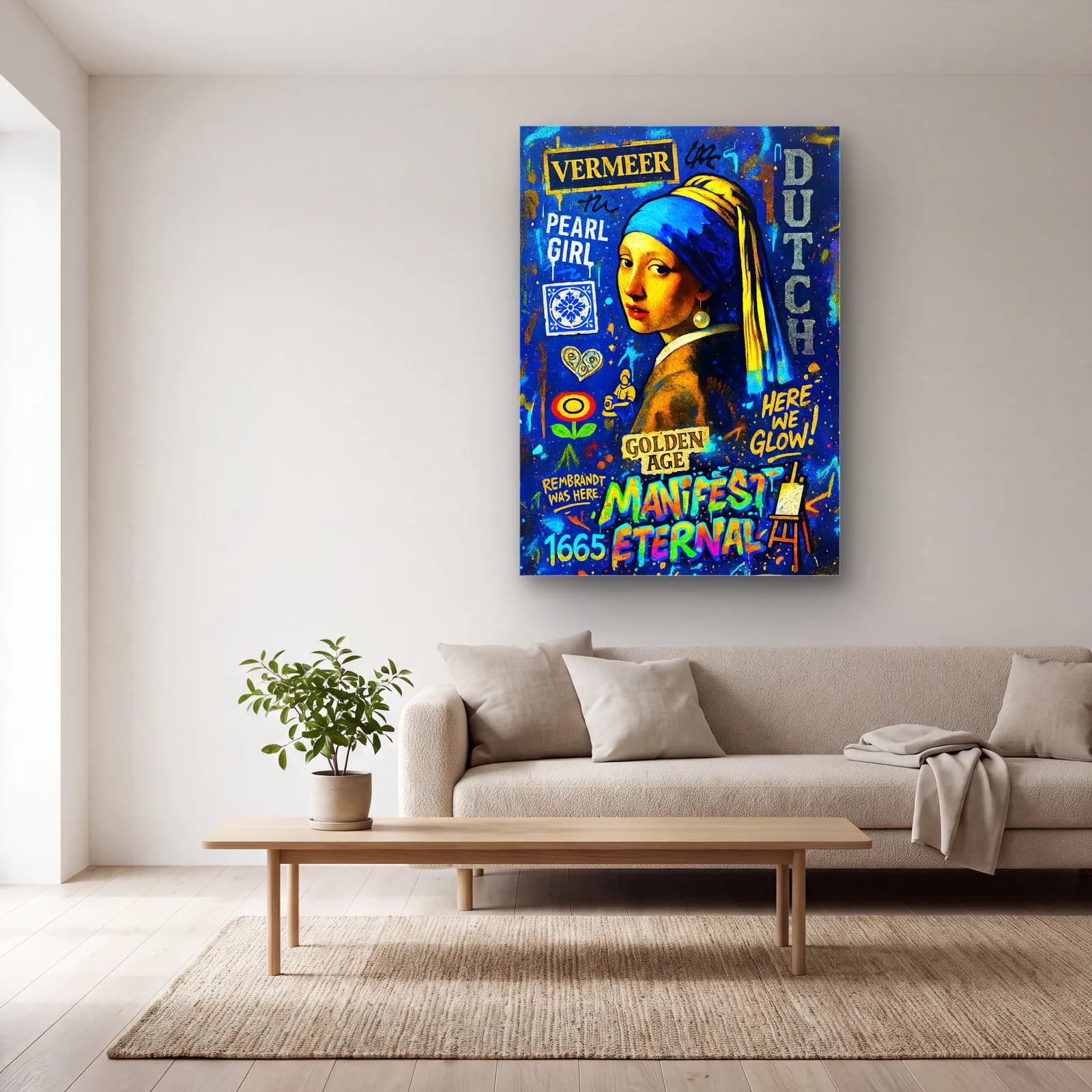 Pop Art İnci Küpeli Kız cam tablo — açık renk salonda