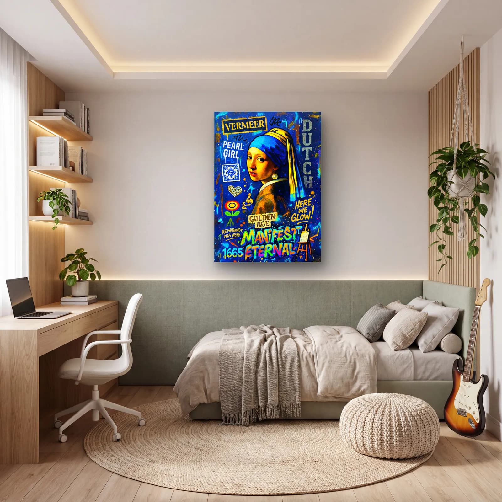 Pop Art İnci Küpeli Kız cam tablo — genç odasında