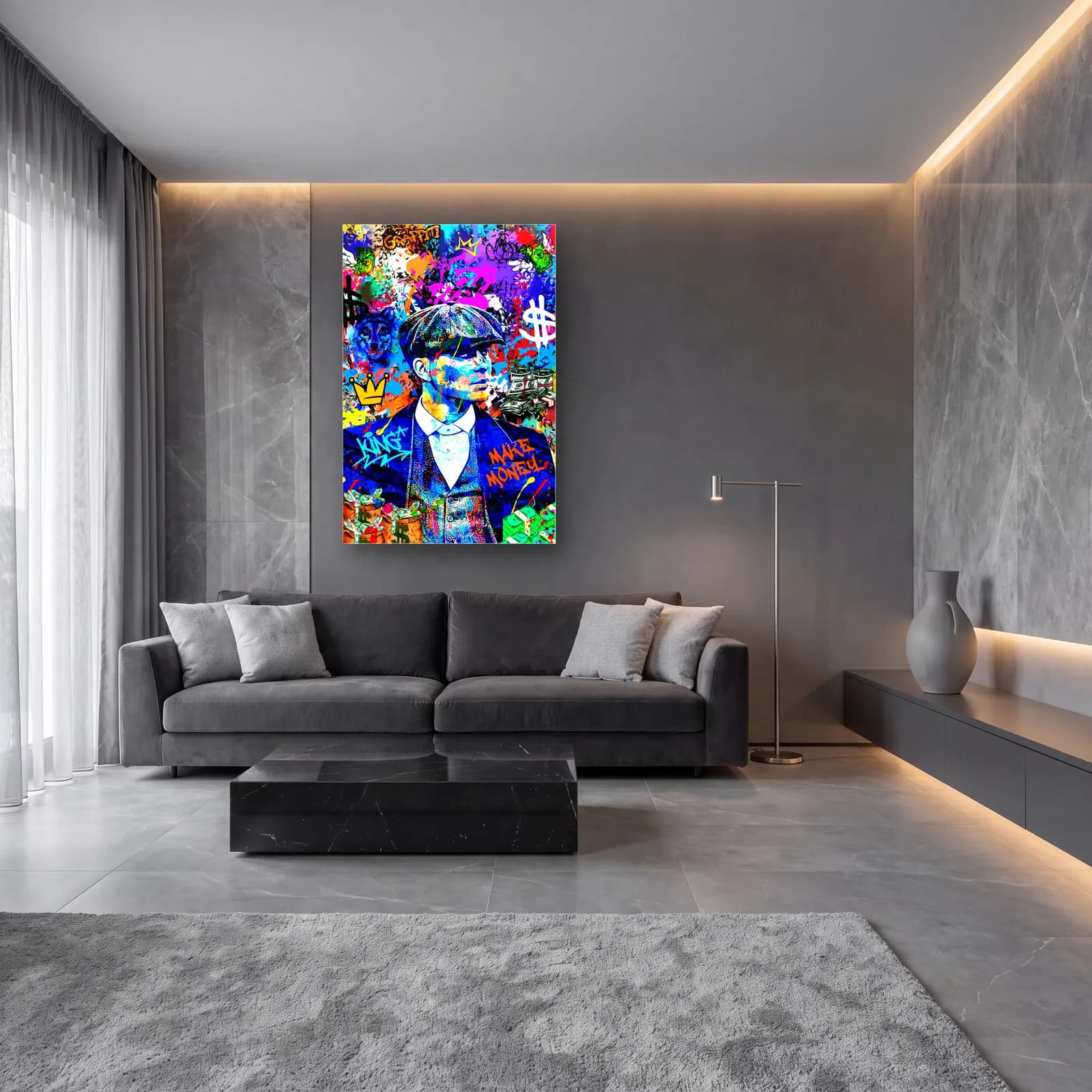 Grafiti Thomas Shelby cam tablo — lüks salon duvarında
