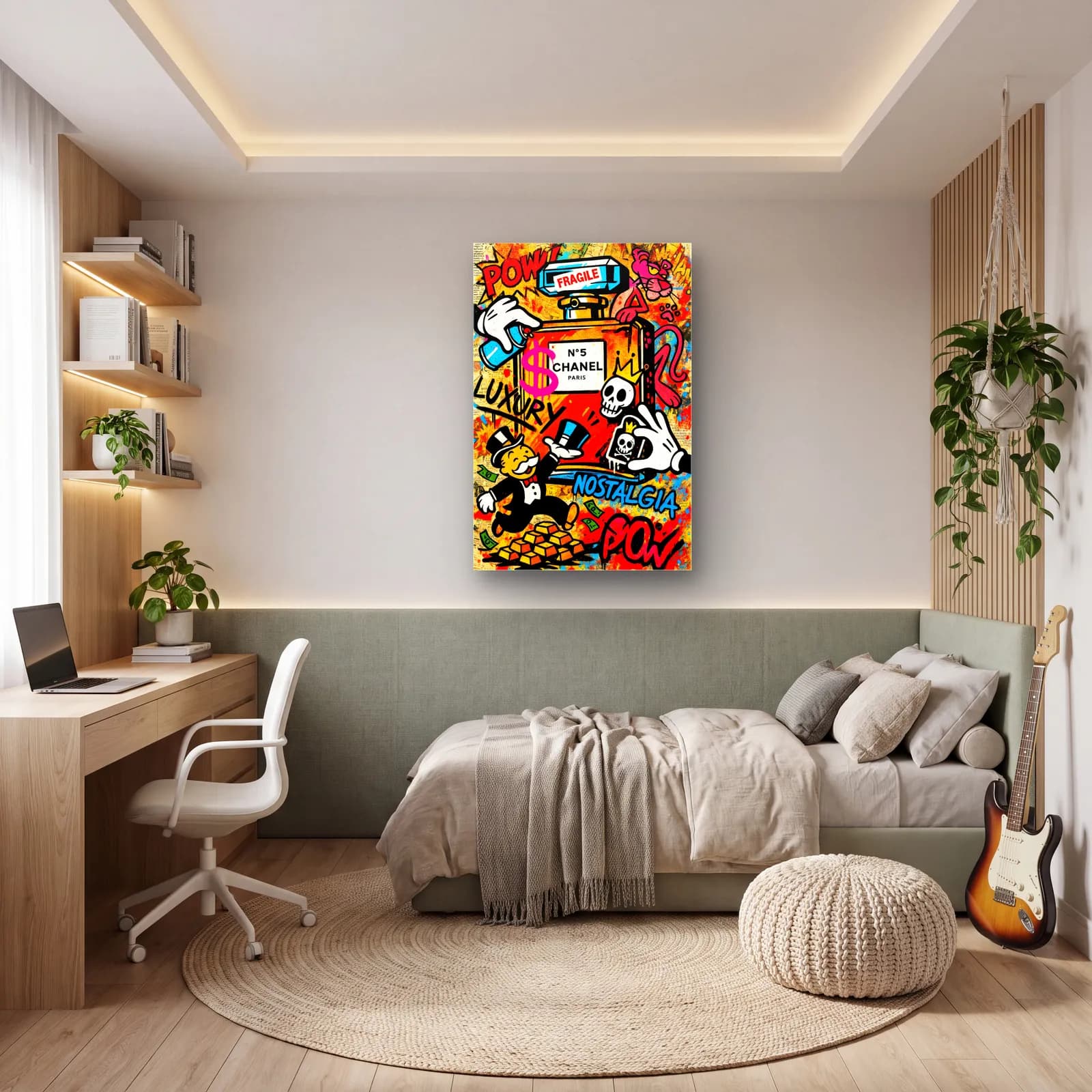 Pop Art Chanel Şişesi Monopoly cam tablo — genç odasında