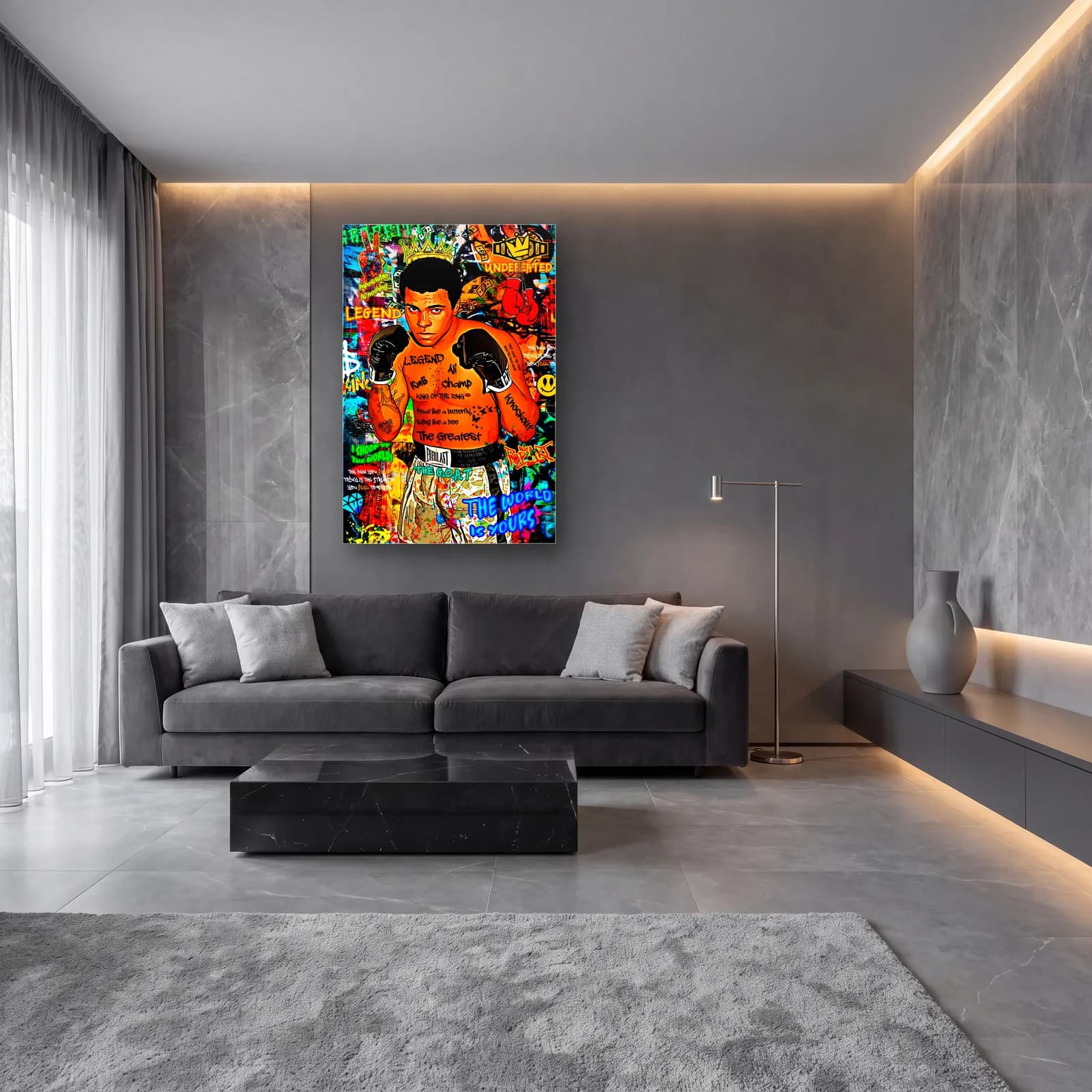 Pop Art Muhammad Ali cam tablo — lüks salon duvarında