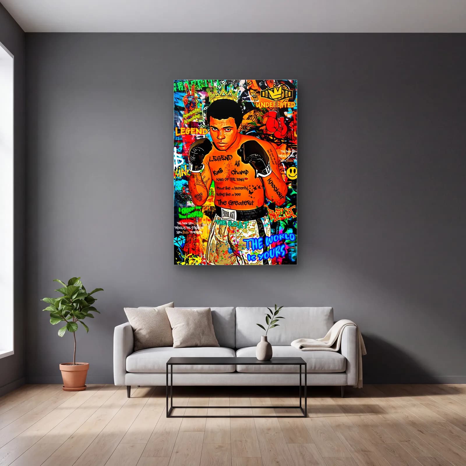 Pop Art Muhammad Ali cam tablo — gri duvarlı salonda