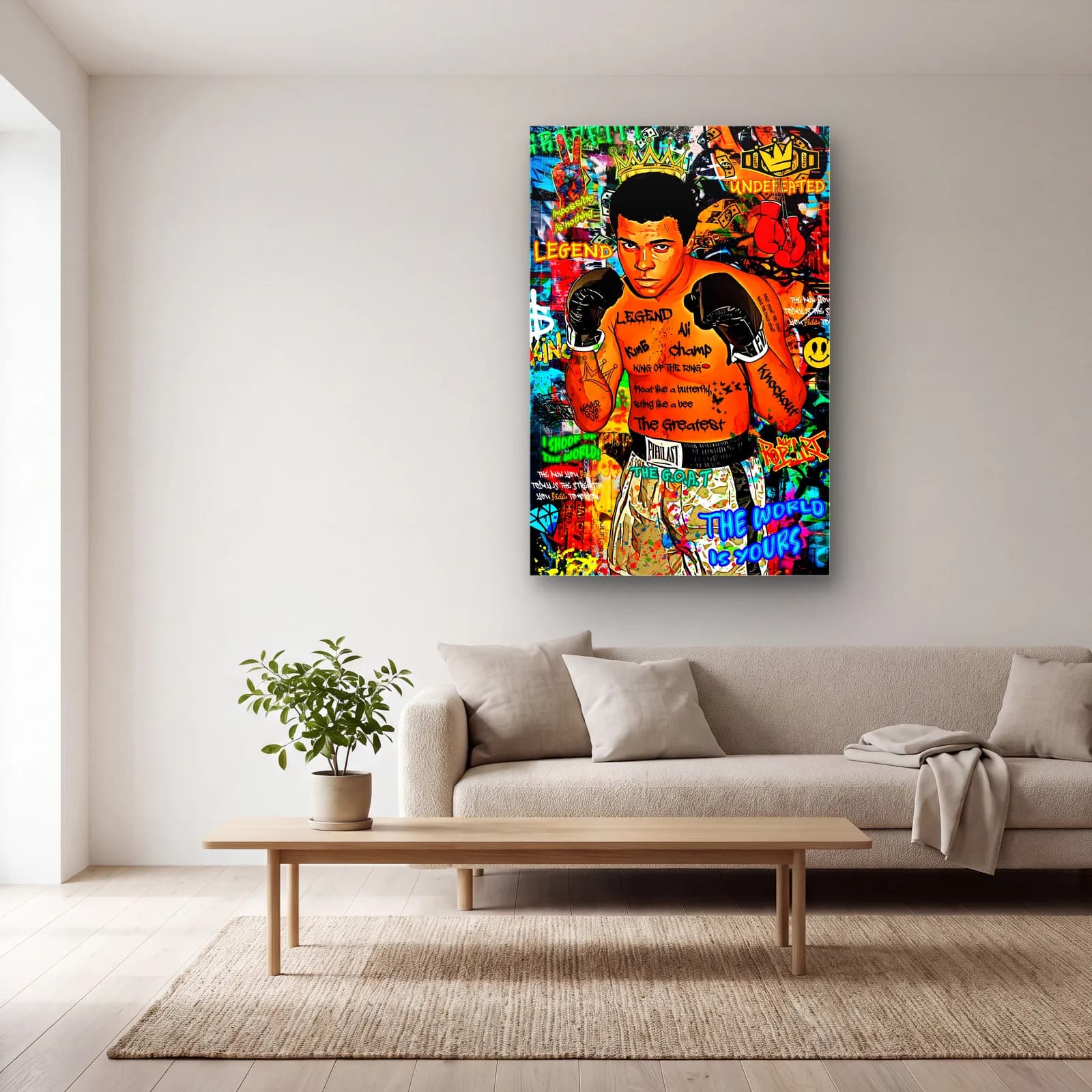Pop Art Muhammad Ali cam tablo — açık renk salonda