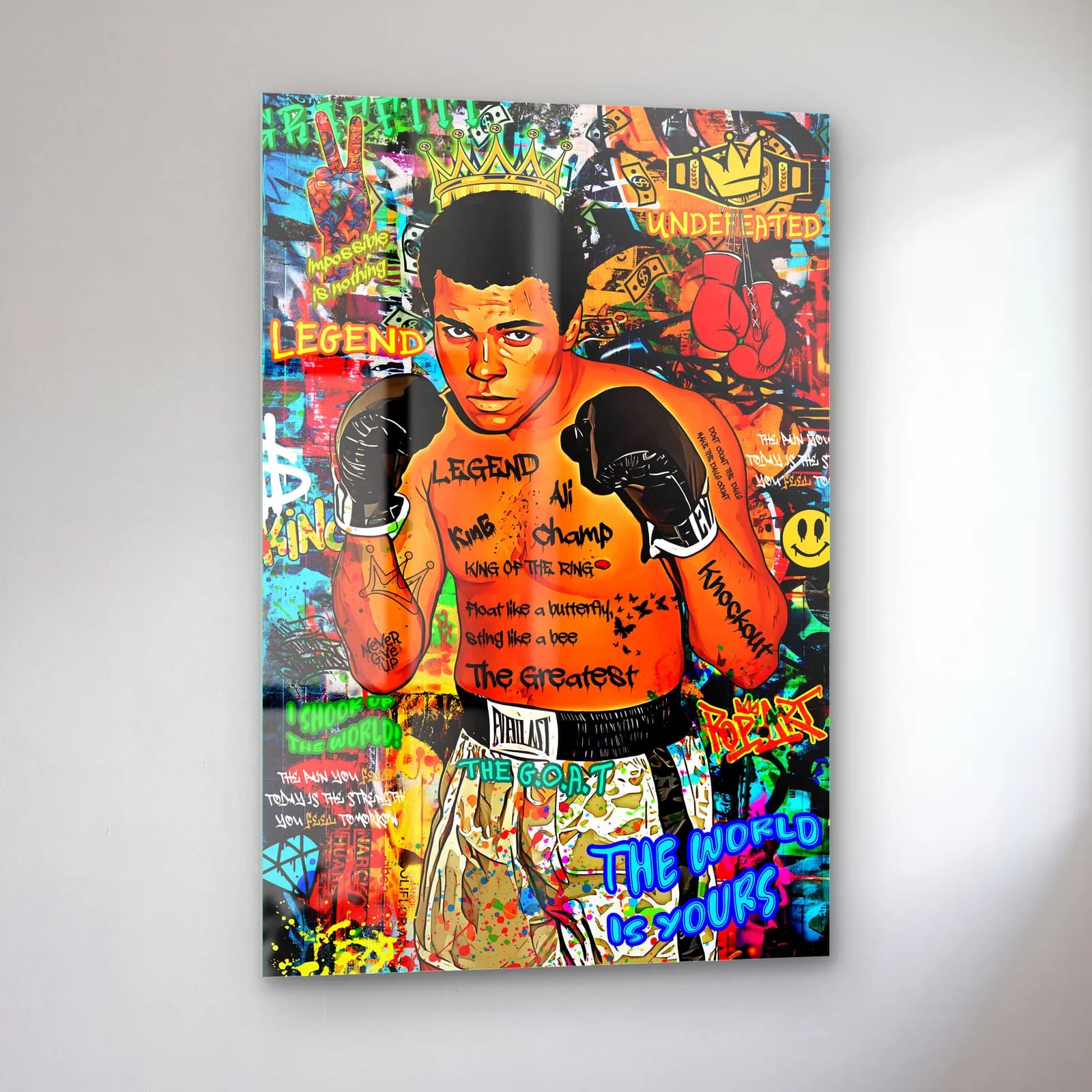 Pop Art Muhammad Ali cam tablo — sol açıdan görünüm