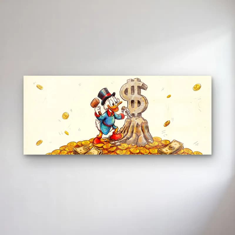 Altın Yığınında Scrooge McDuck cam tablo — Krem zeminde altın paralar üzerinde dolar simgesi yanında Scrooge McDuck