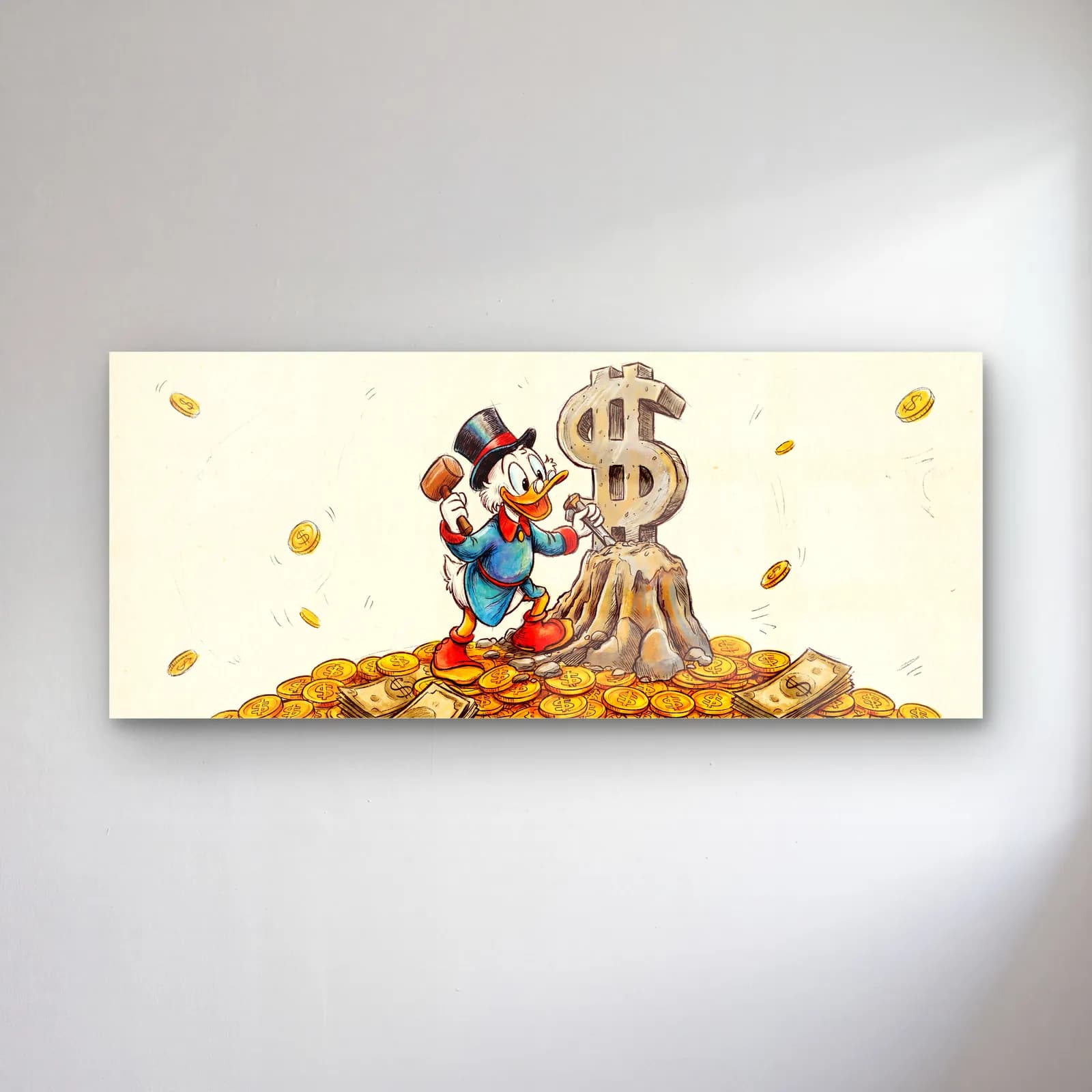 Altın Yığınında Scrooge McDuck cam tablo — Krem zeminde altın paralar üzerinde dolar simgesi yanında Scrooge McDuck