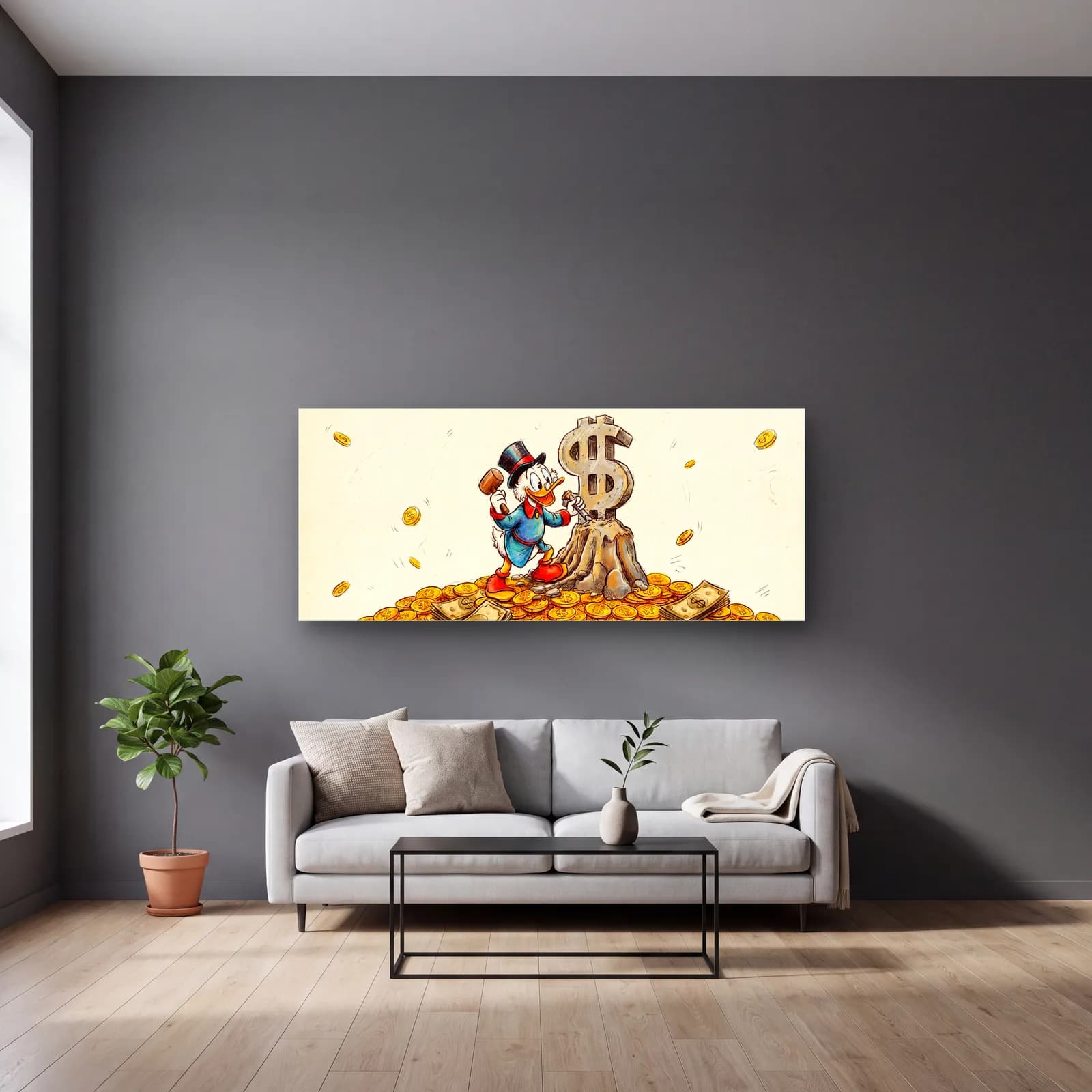 Altın Yığınında Scrooge McDuck cam tablo — gri duvarlı salonda