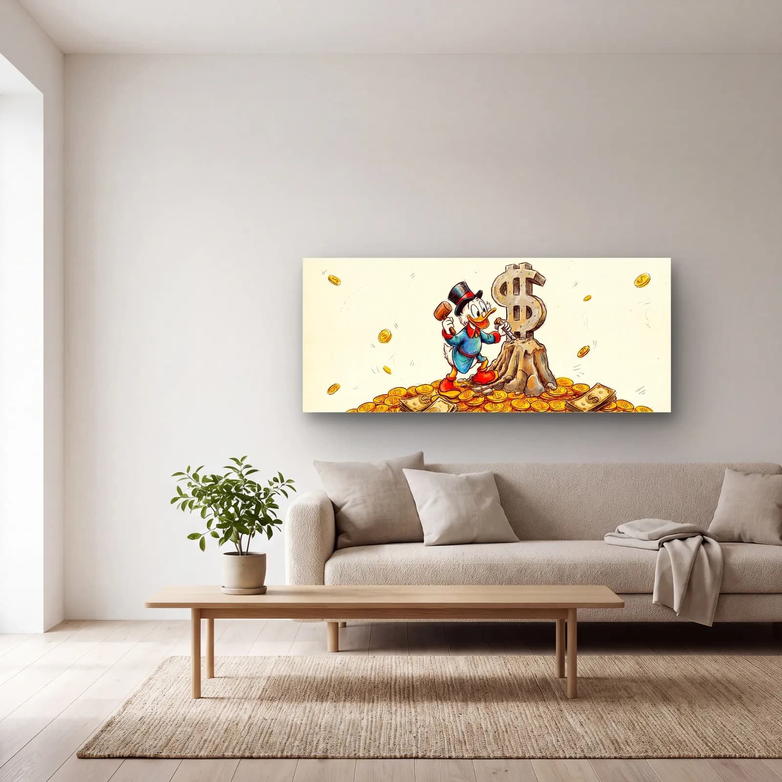 Altın Yığınında Scrooge McDuck cam tablo — açık renk salonda