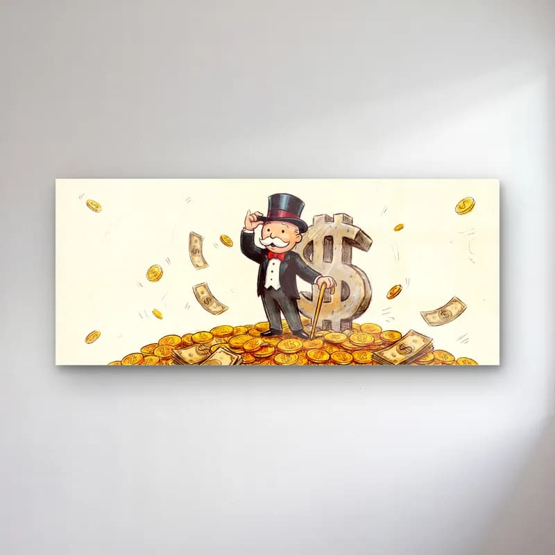 Altın Yığınında Monopoly Adamı cam tablo — Krem zeminde altın paralar ve dolar simgesi yanında Monopoly adamı