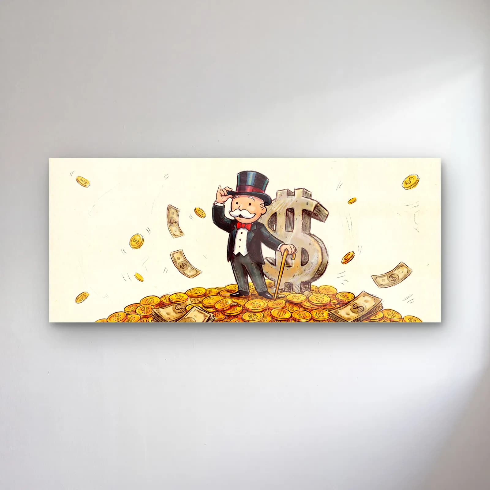 Altın Yığınında Monopoly Adamı cam tablo — Krem zeminde altın paralar ve dolar simgesi yanında Monopoly adamı