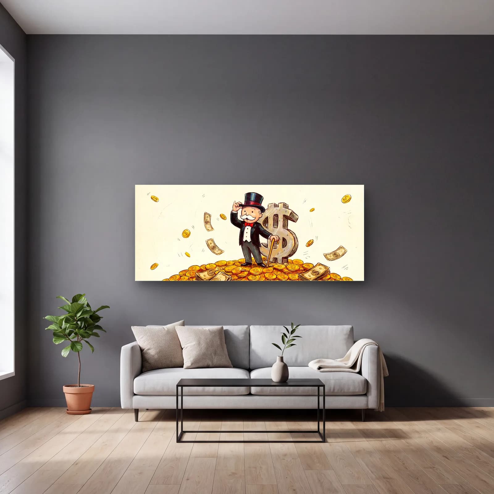 Altın Yığınında Monopoly Adamı cam tablo — gri duvarlı salonda