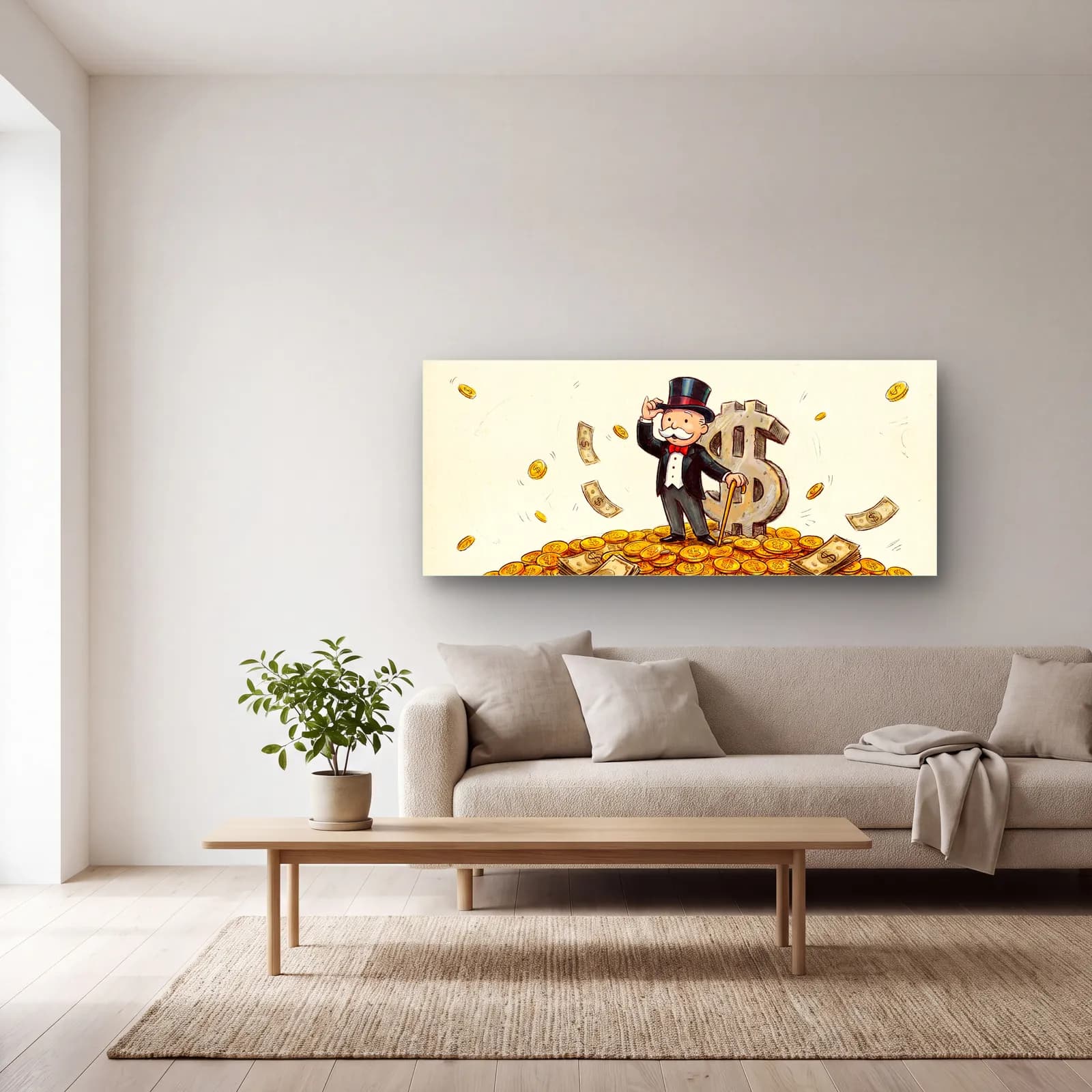 Altın Yığınında Monopoly Adamı cam tablo — açık renk salonda