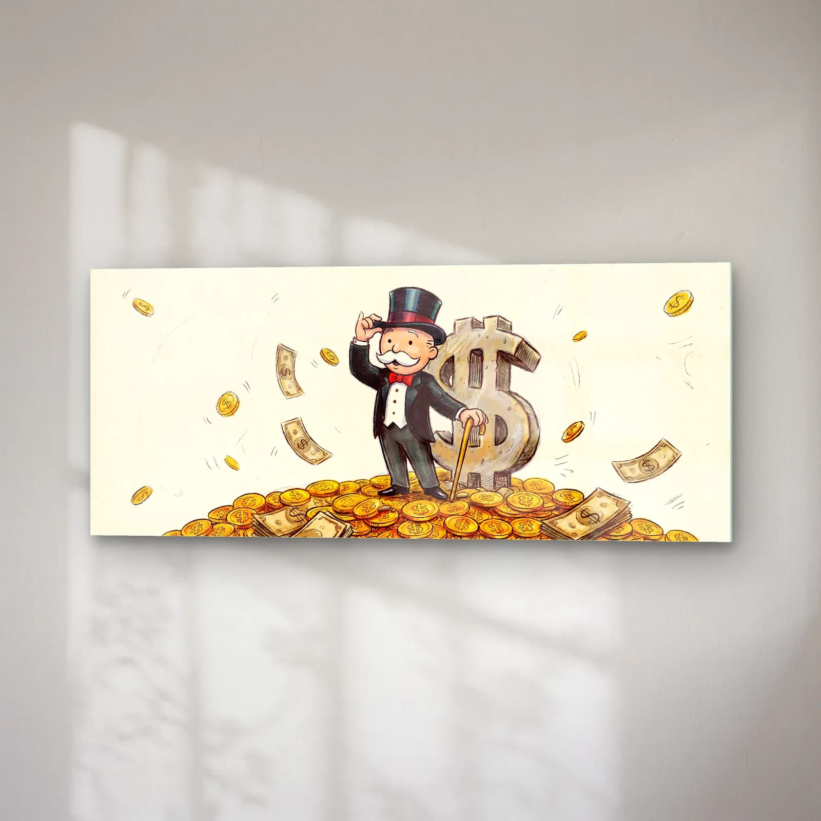 Altın Yığınında Monopoly Adamı cam tablo — sağ açıdan görünüm