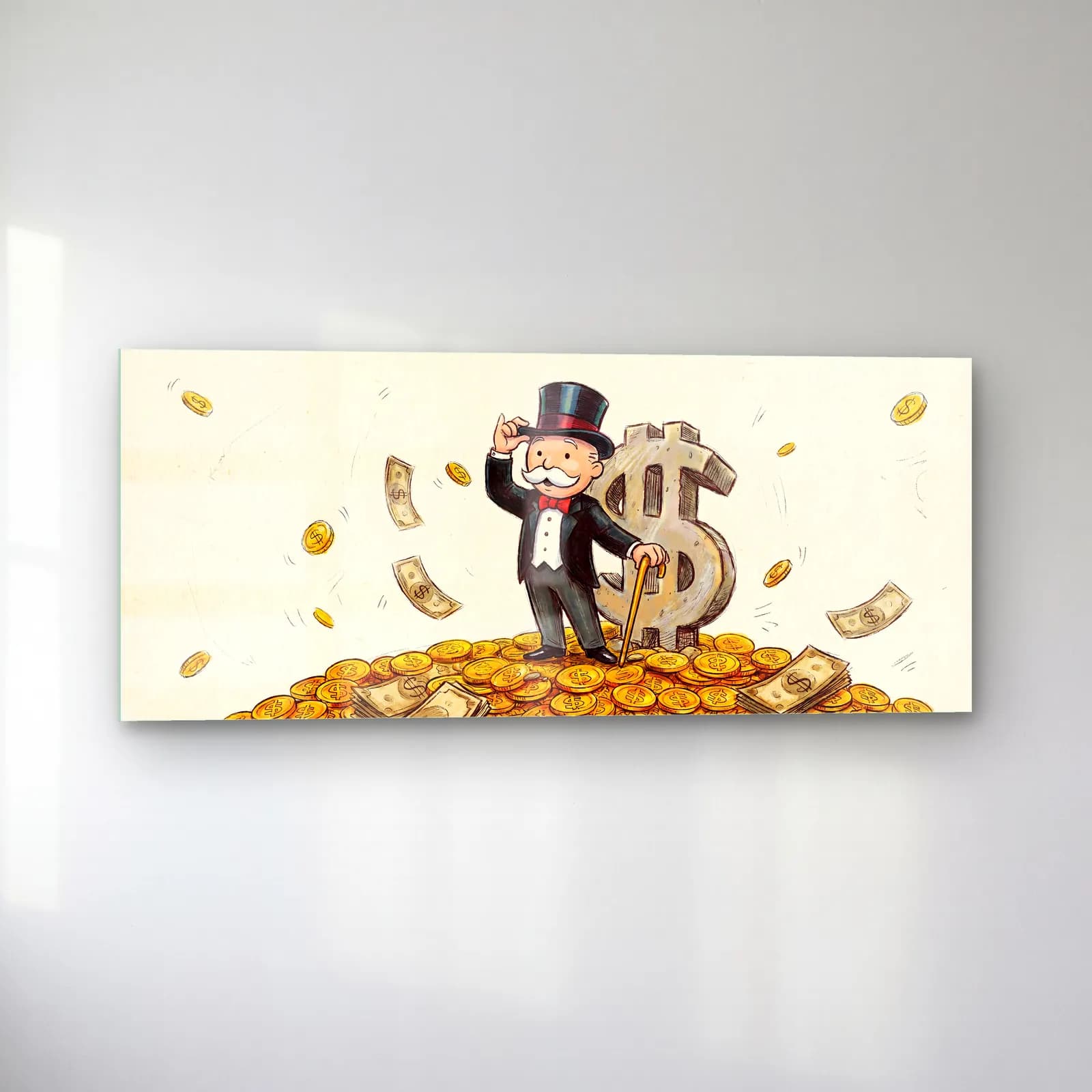 Altın Yığınında Monopoly Adamı cam tablo — sol açıdan görünüm