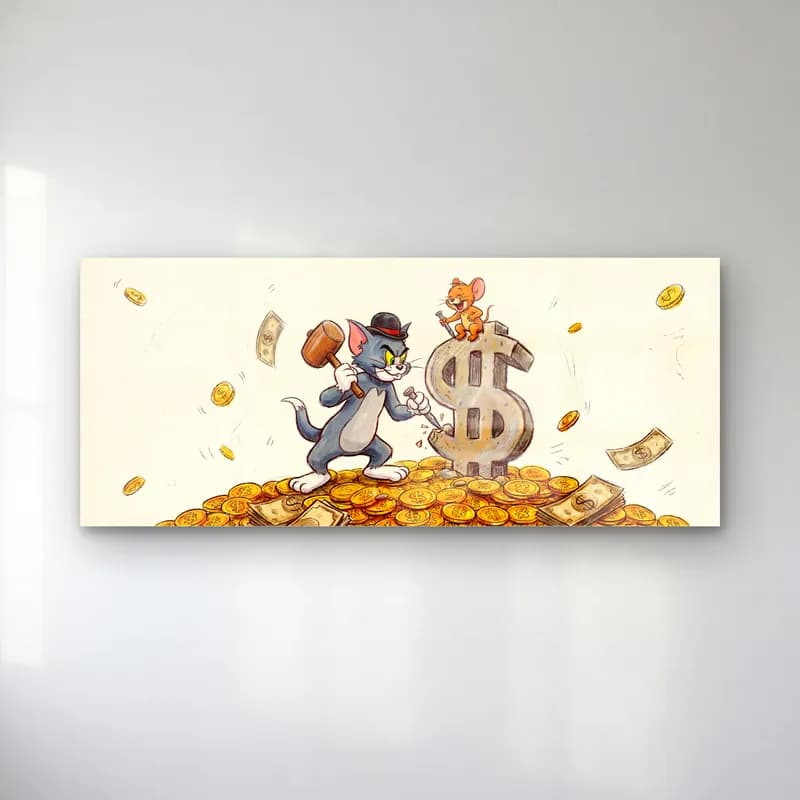 Altın Yığınında Tom ve Jerry cam tablo — Krem zeminde altın paralar üzerinde Tom ve dolar simgesi üstünde Jerry