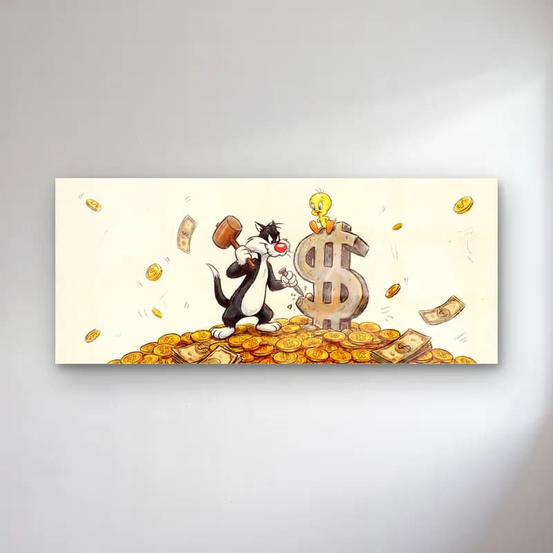Altın Yığınında Sylvester ve Tweety cam tablo — Krem zeminde altın paralar üzerinde Sylvester ve dolar simgesinde Tweety