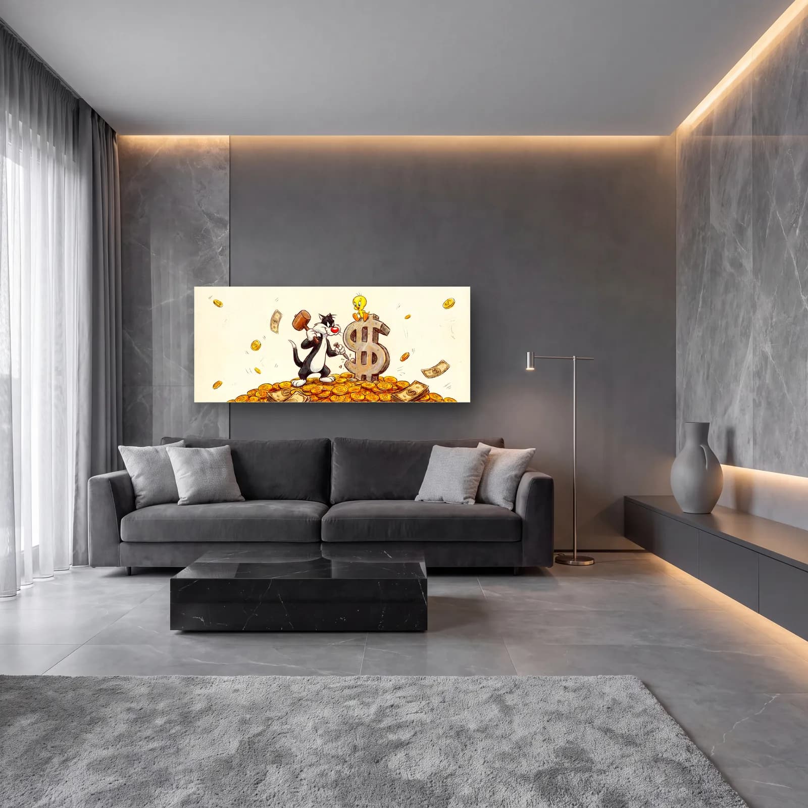Altın Yığınında Sylvester ve Tweety cam tablo — lüks salon duvarında