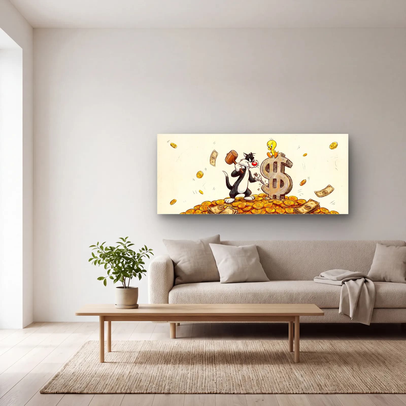 Altın Yığınında Sylvester ve Tweety cam tablo — açık renk salonda
