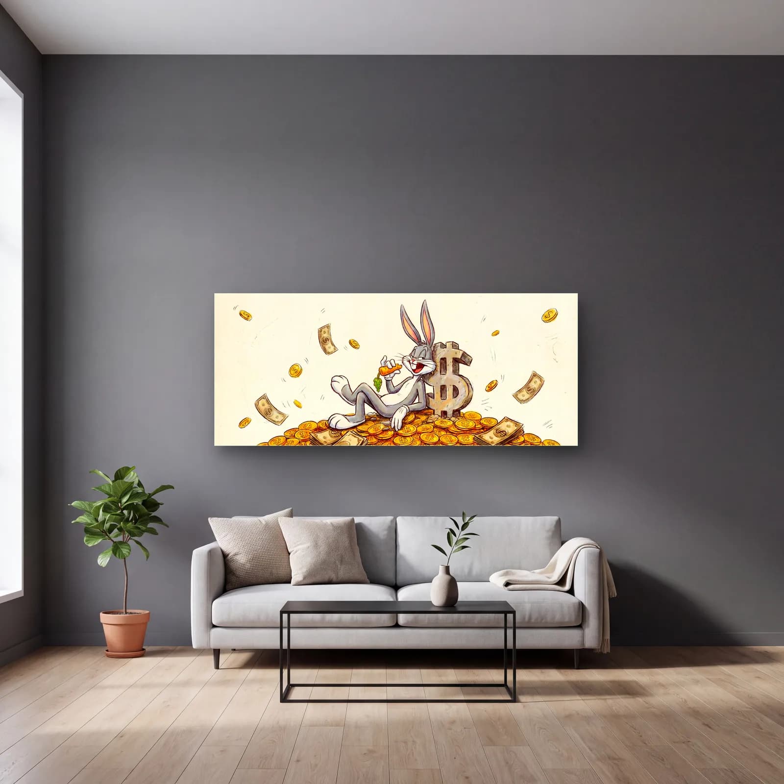 Altın Yığınında Bugs Bunny cam tablo — gri duvarlı salonda