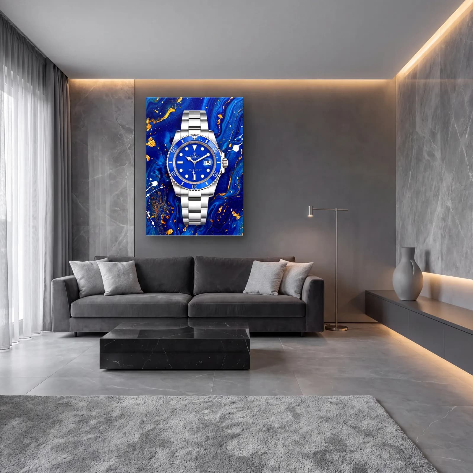 Mavi Mermer Rolex Submariner cam tablo — lüks salon duvarında
