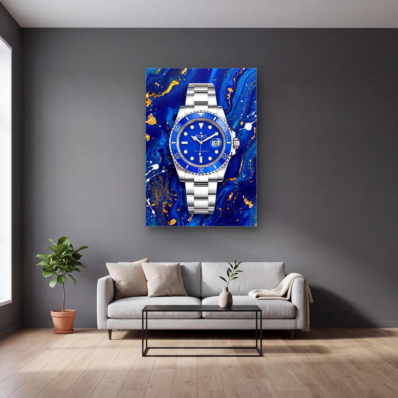 Mavi Mermer Rolex Submariner cam tablo — gri duvarlı salonda