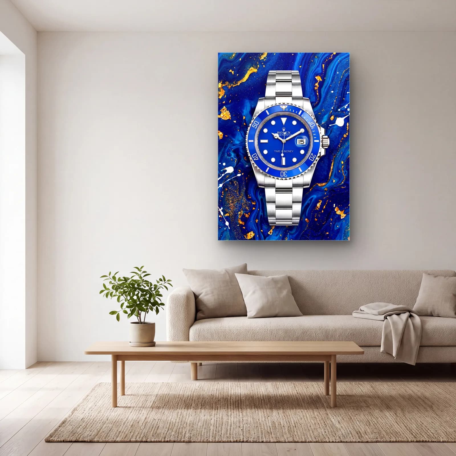 Mavi Mermer Rolex Submariner cam tablo — açık renk salonda