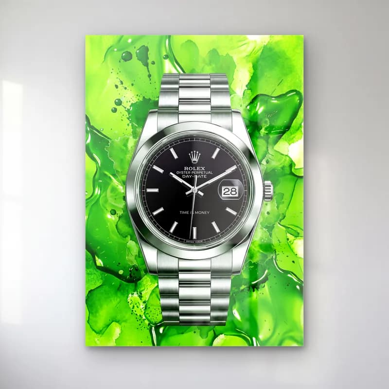 Yeşil Akışkan Rolex Datejust cam tablo — Yeşil akışkan boya zeminde siyah kadranlı çelik Rolex saat