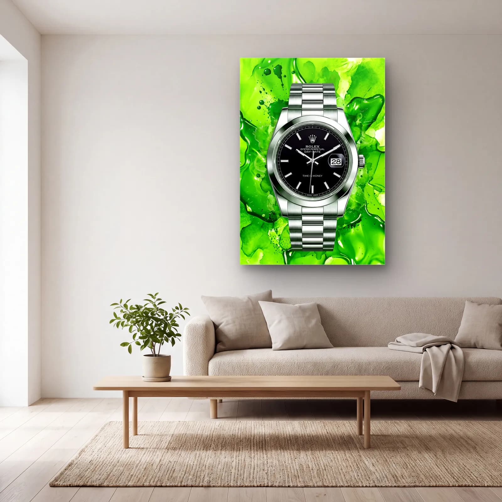 Yeşil Akışkan Rolex Datejust cam tablo — açık renk salonda