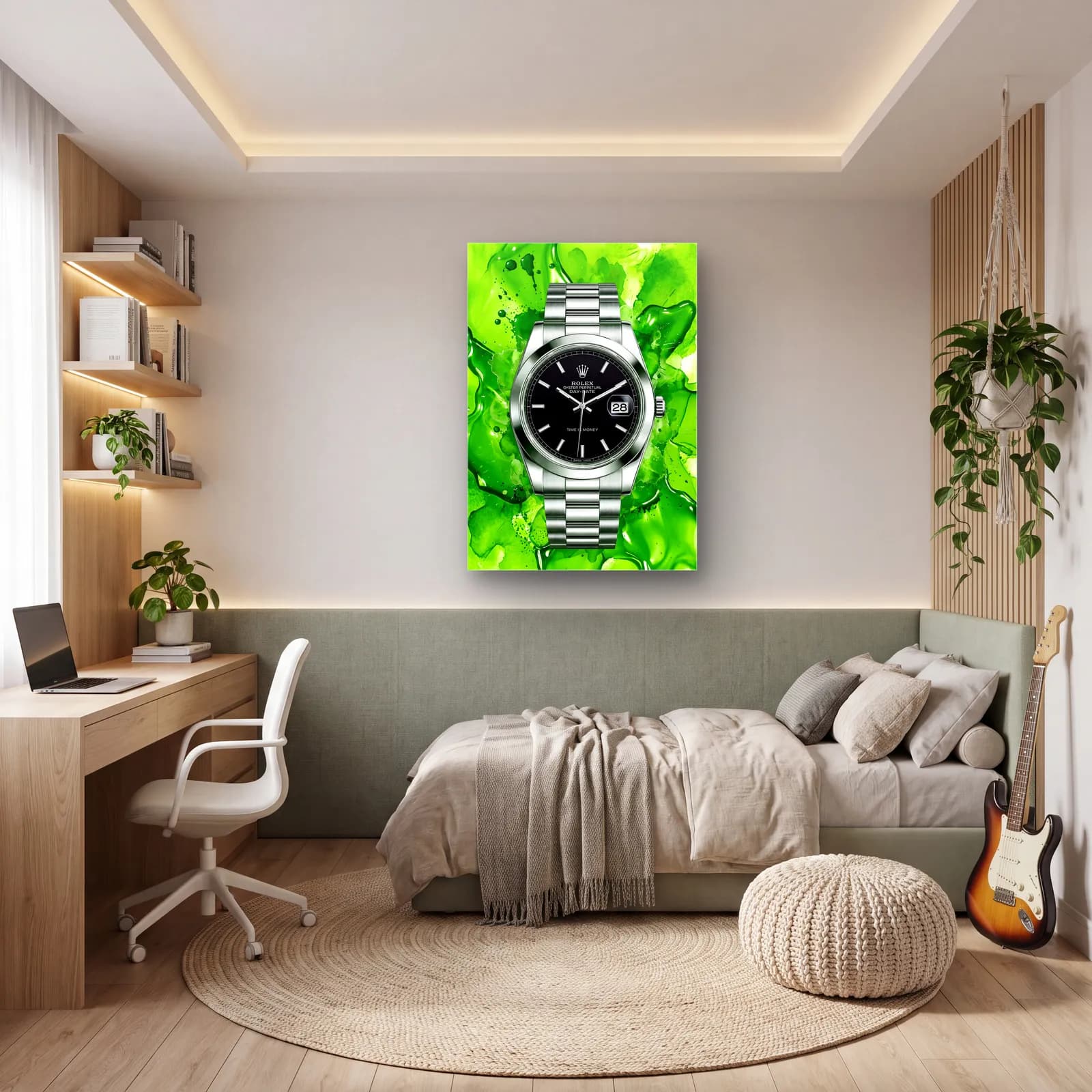 Yeşil Akışkan Rolex Datejust cam tablo — genç odasında