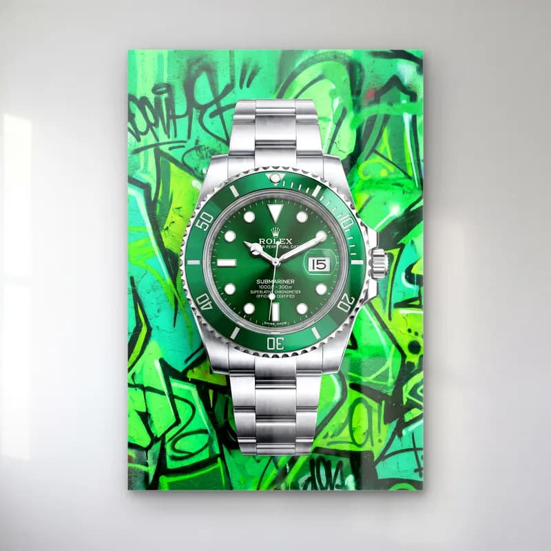 Yeşil Grafiti Rolex Submariner cam tablo — Yeşil grafiti zeminde yeşil kadranlı çelik Rolex Submariner