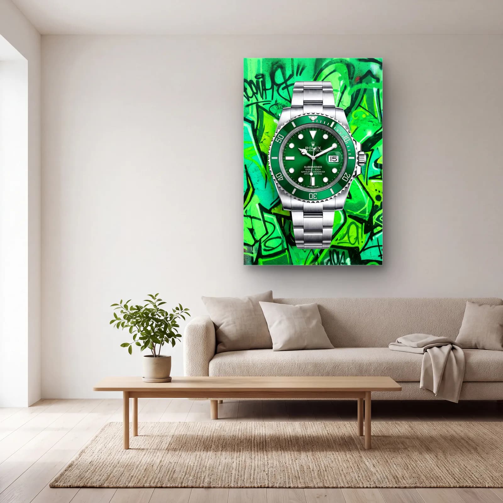 Yeşil Grafiti Rolex Submariner cam tablo — açık renk salonda