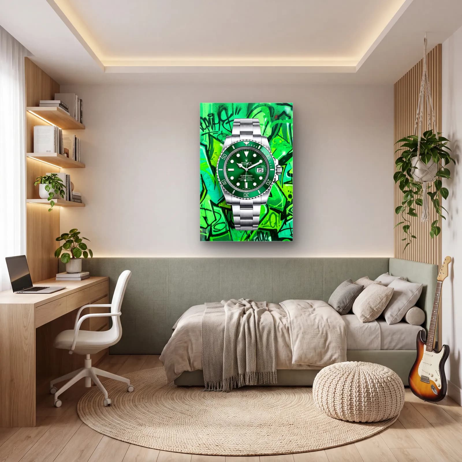 Yeşil Grafiti Rolex Submariner cam tablo — genç odasında