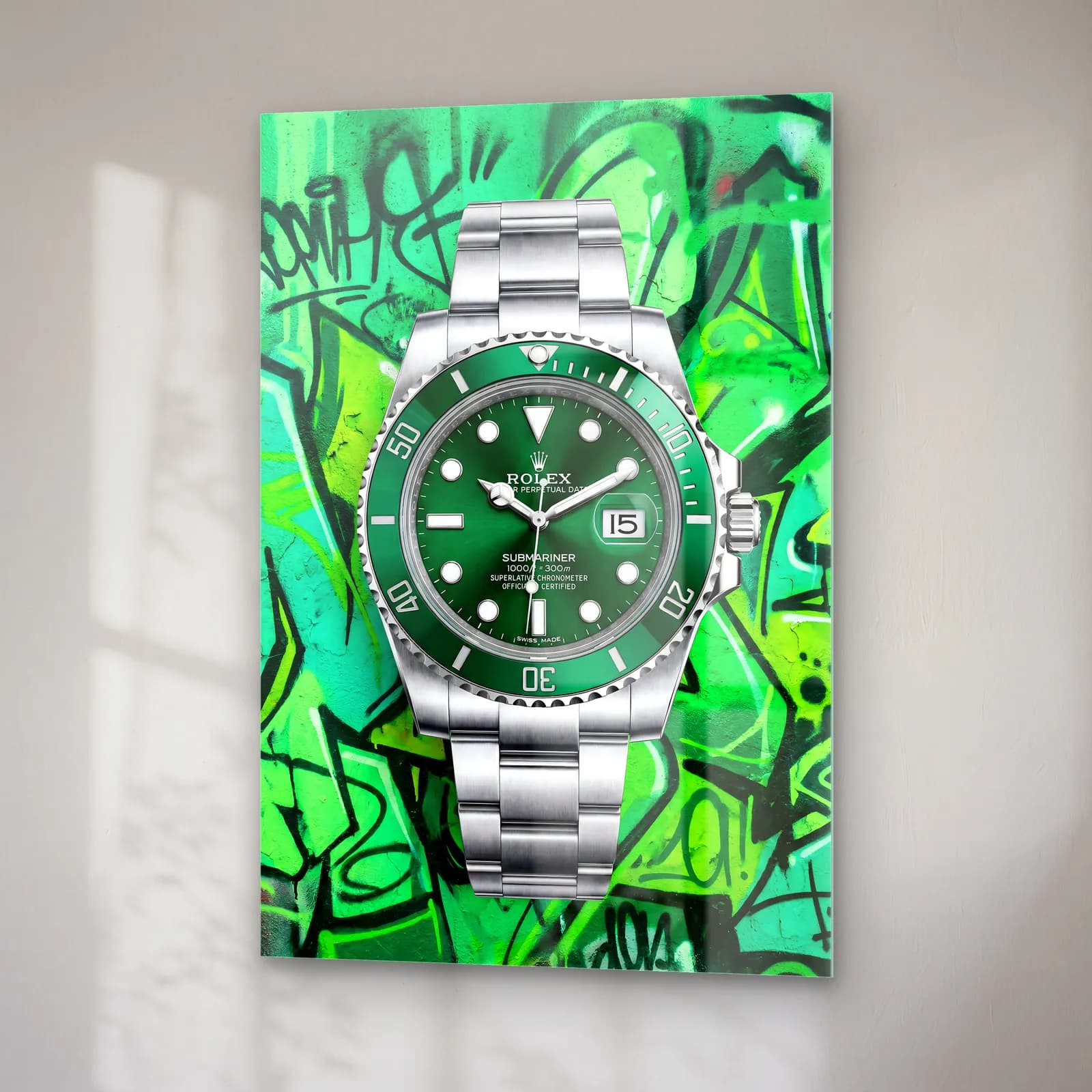 Yeşil Grafiti Rolex Submariner cam tablo — sağ açıdan görünüm