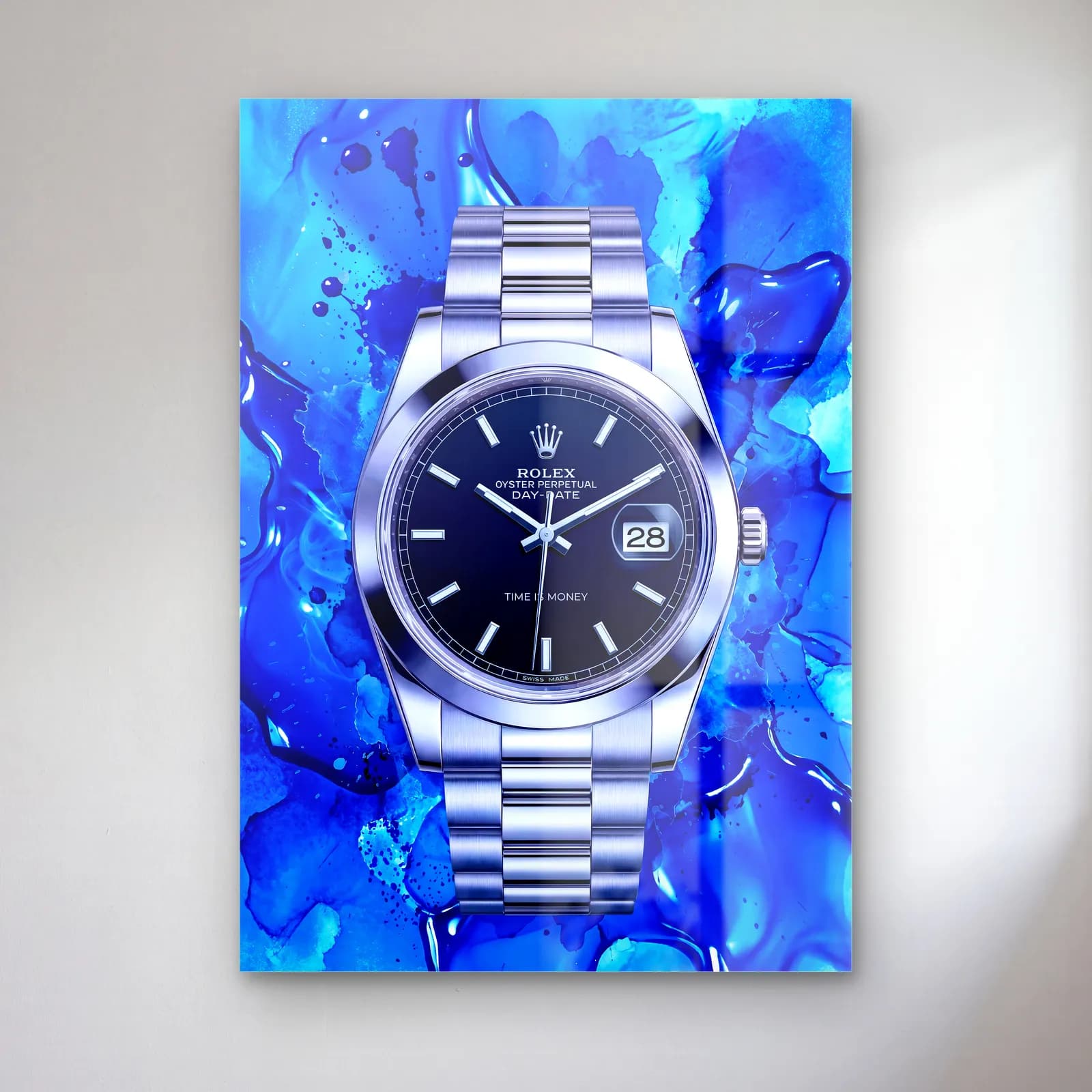 Mavi Akışkan Rolex Datejust cam tablo — Mavi akışkan boya zeminde siyah kadranlı çelik Rolex saat