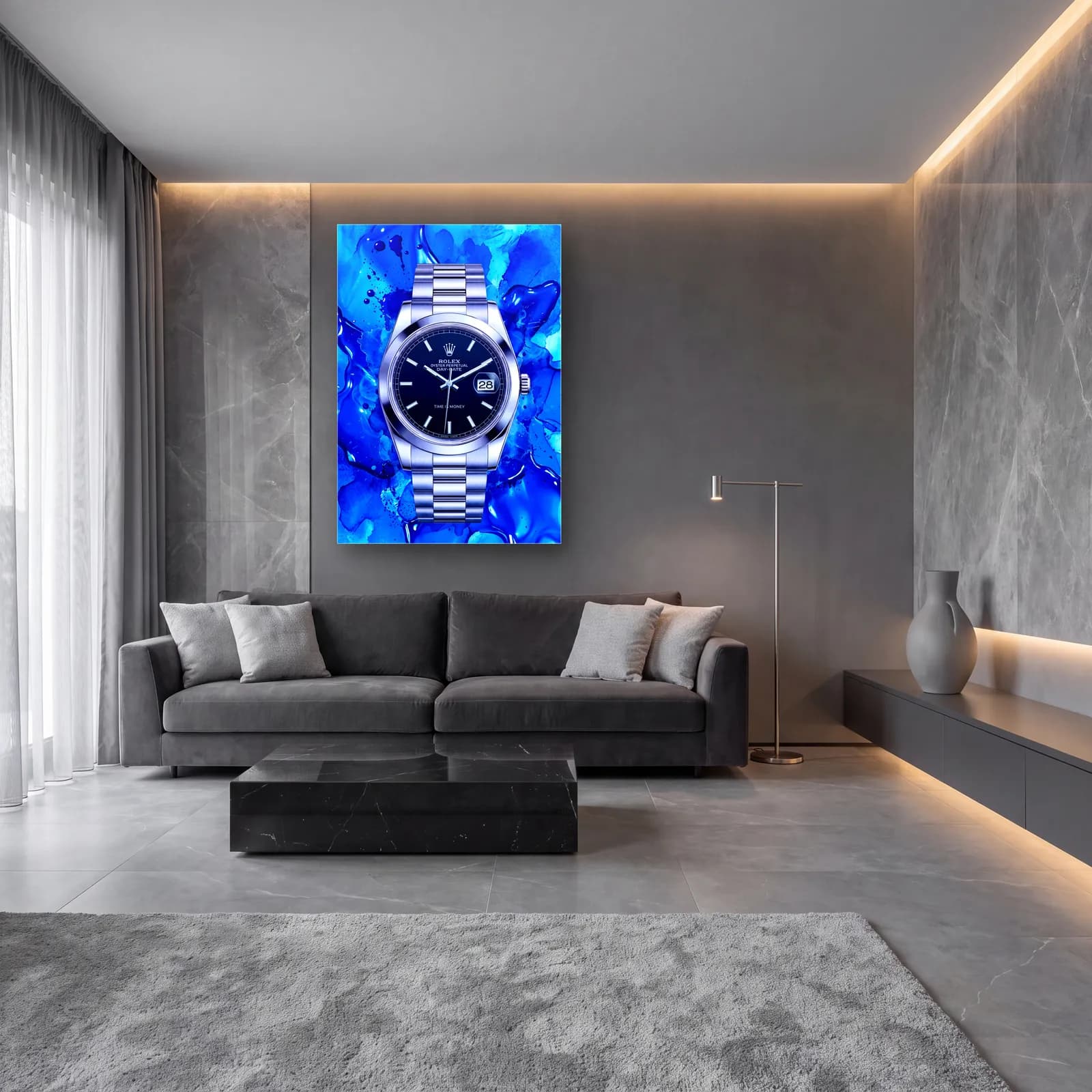 Mavi Akışkan Rolex Datejust cam tablo — lüks salon duvarında