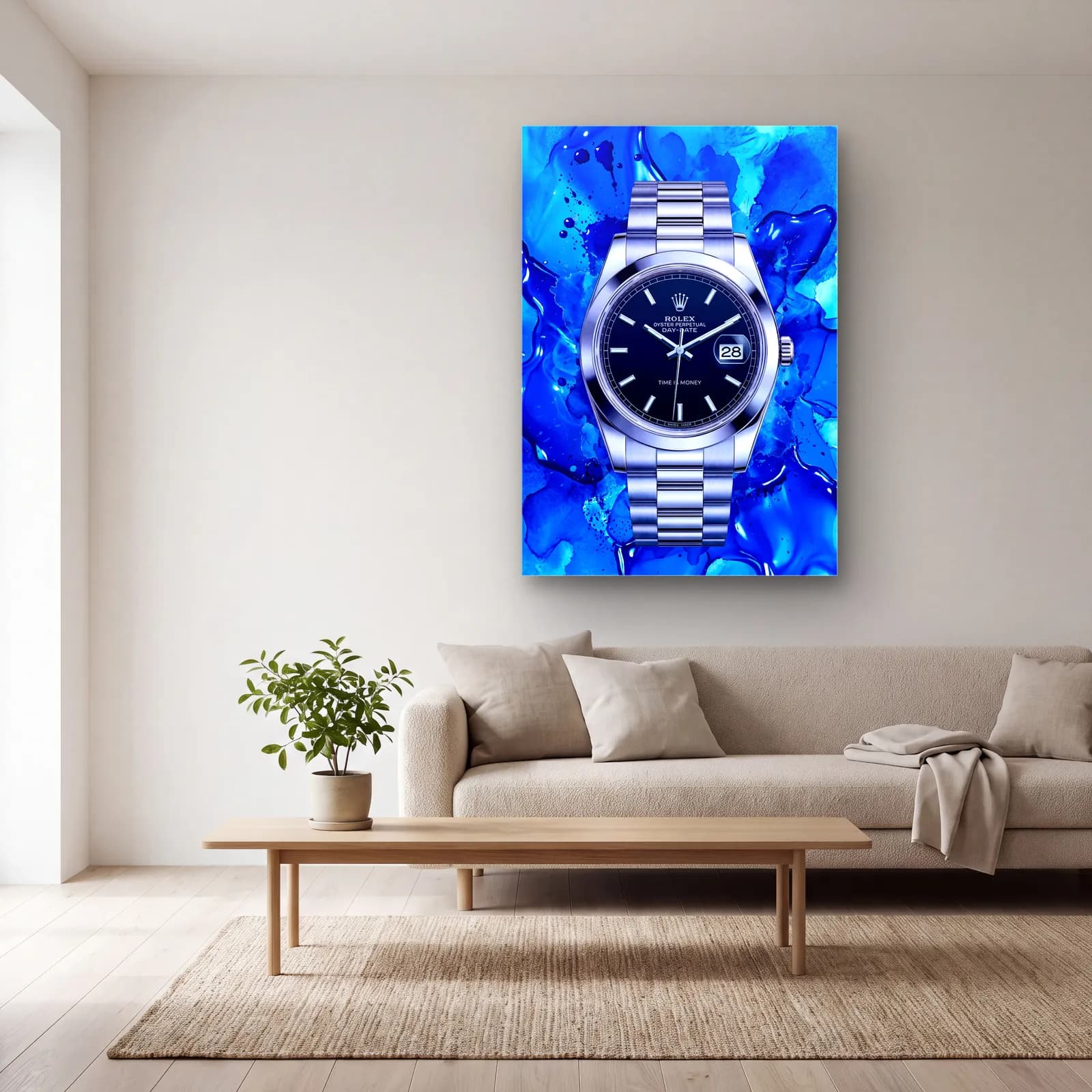 Mavi Akışkan Rolex Datejust cam tablo — açık renk salonda