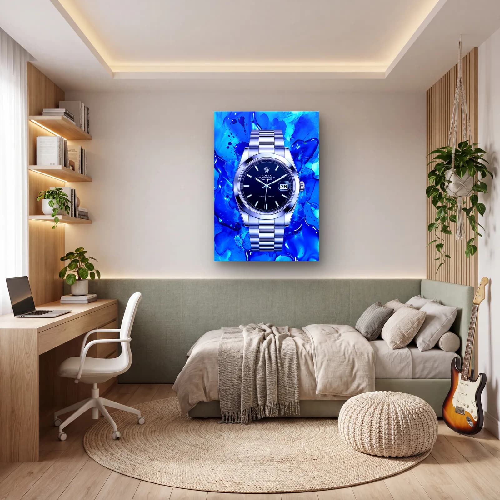 Mavi Akışkan Rolex Datejust cam tablo — genç odasında