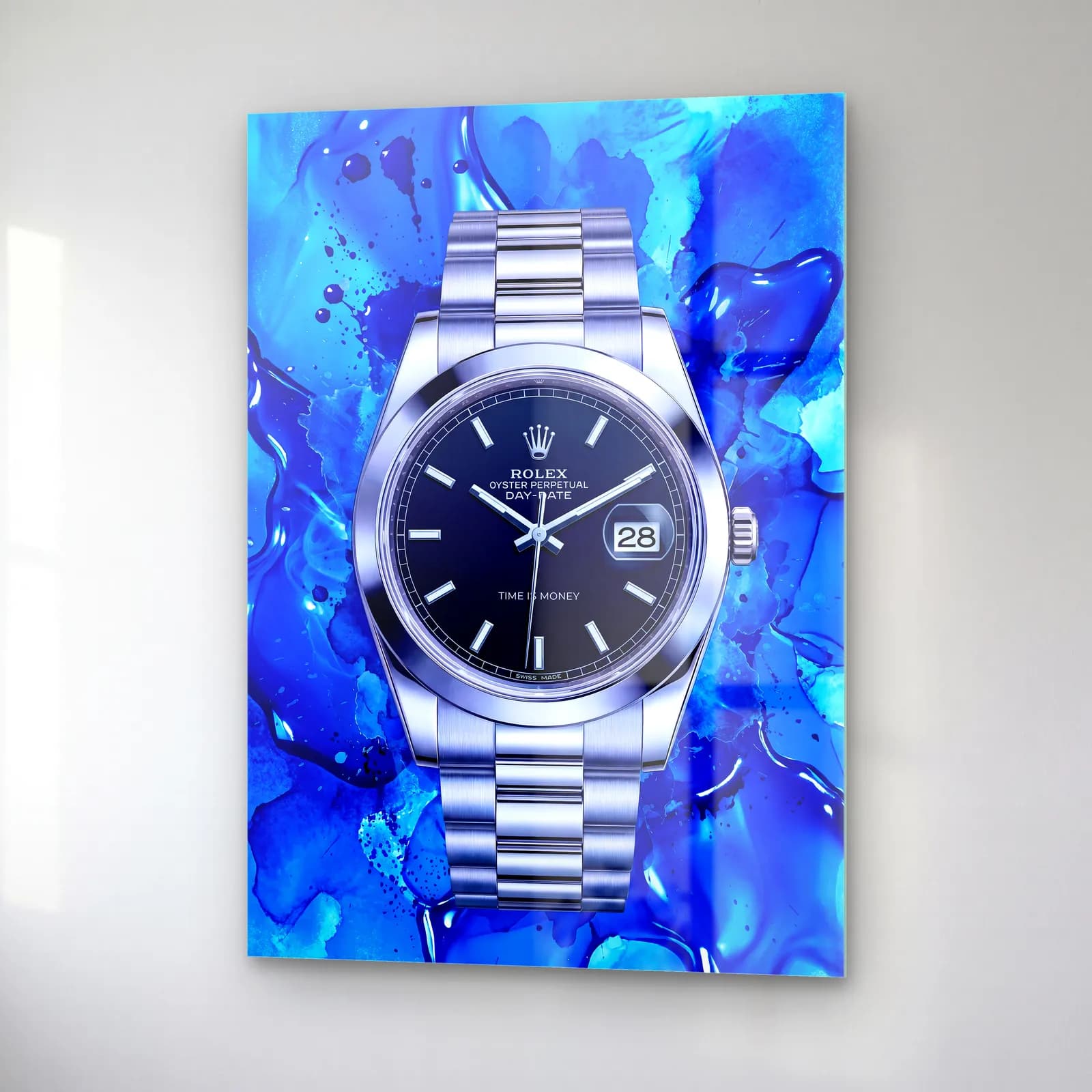 Mavi Akışkan Rolex Datejust cam tablo — sağ açıdan görünüm