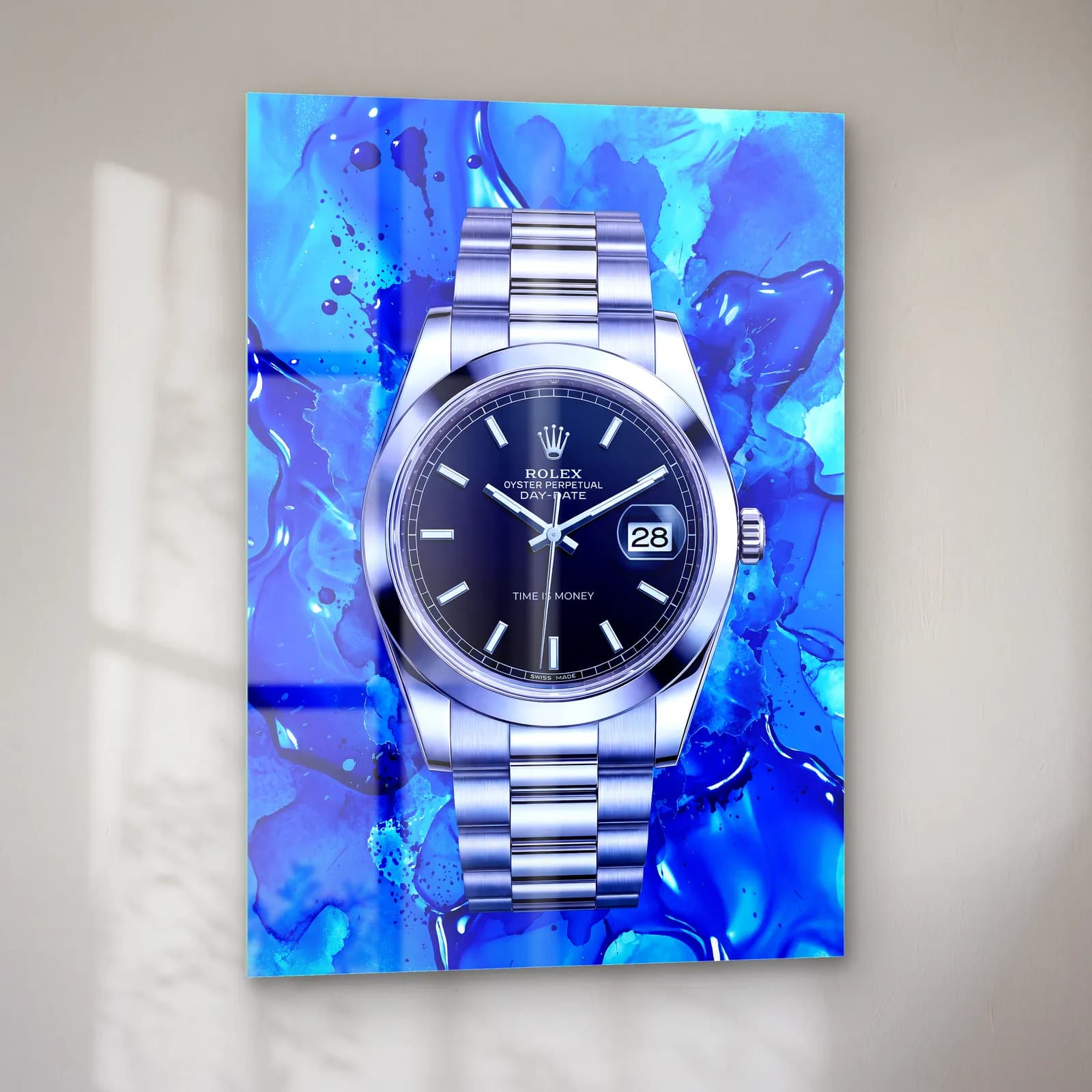 Mavi Akışkan Rolex Datejust cam tablo — sol açıdan görünüm