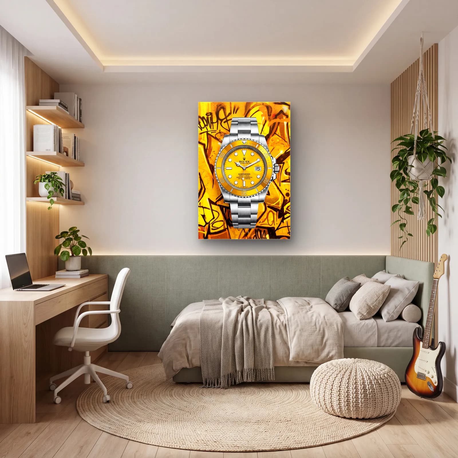 Sarı Grafiti Rolex Submariner cam tablo — genç odasında