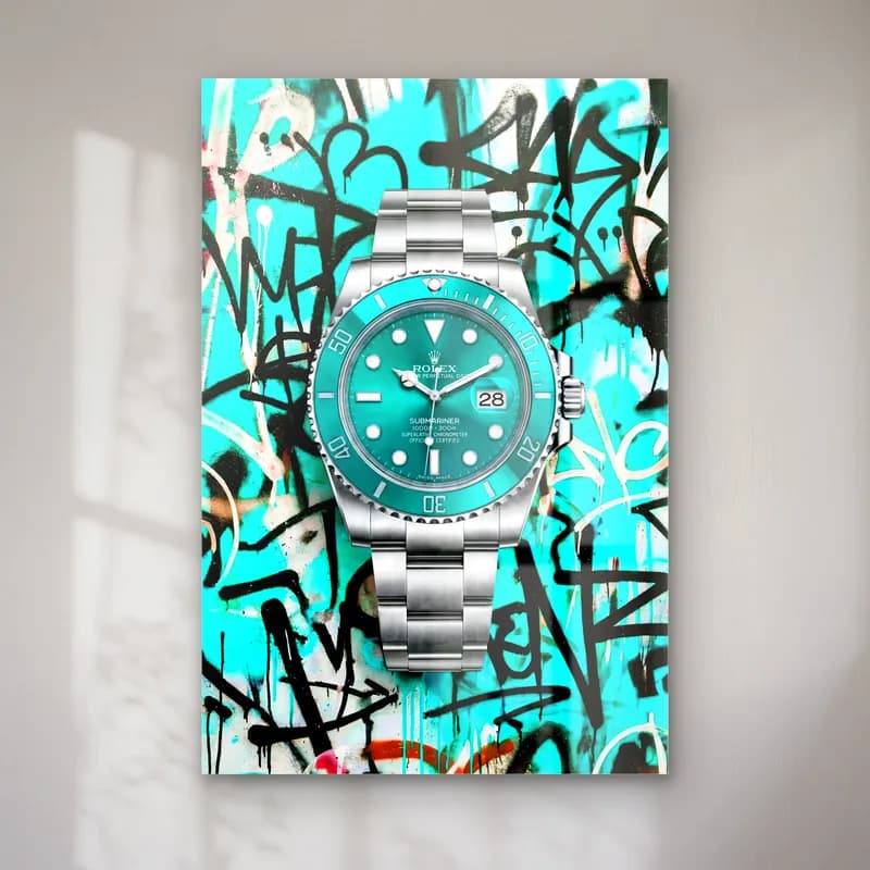 Turkuaz Grafiti Rolex Submariner cam tablo — Turkuaz grafiti zeminde turkuaz kadranlı çelik Rolex Submariner