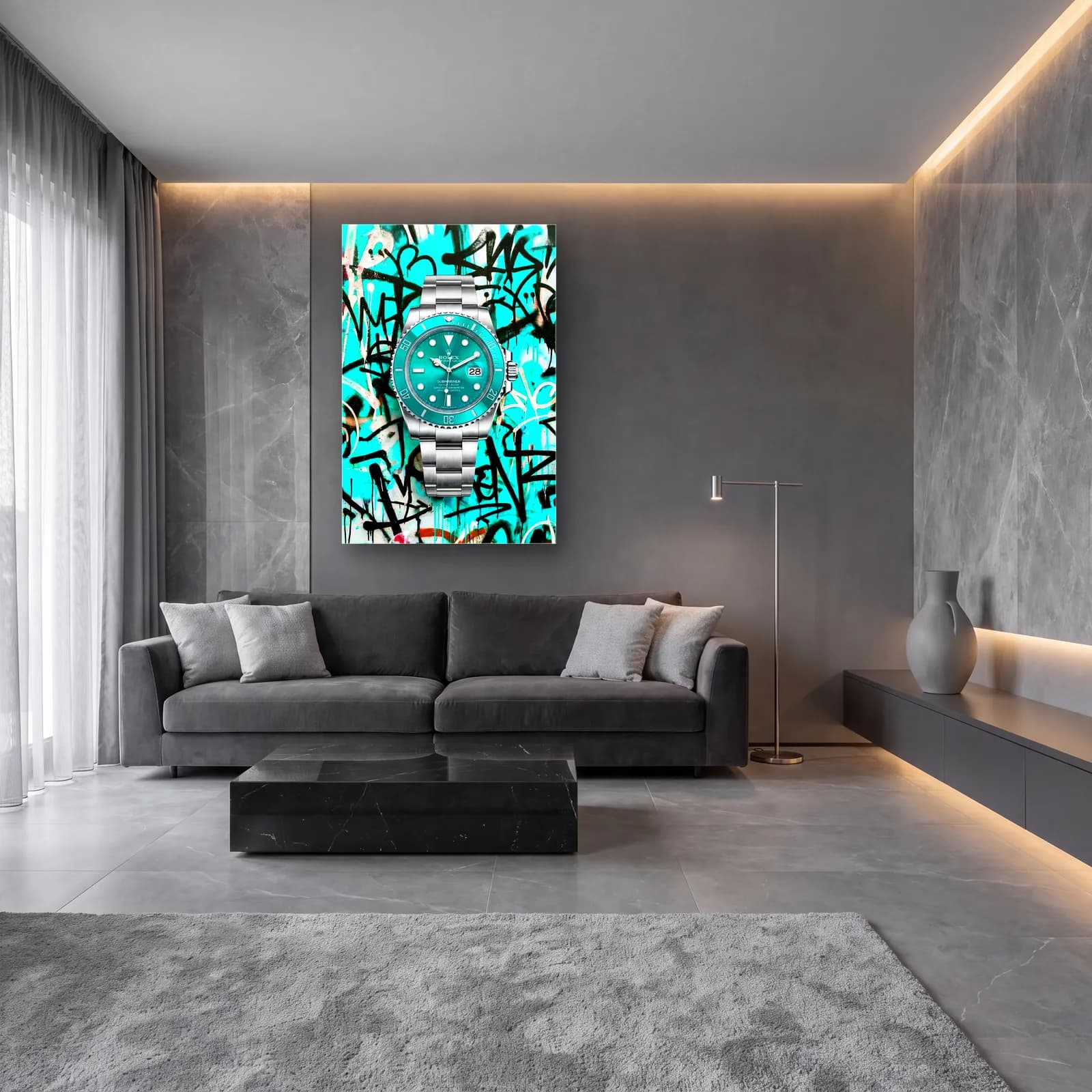 Turkuaz Grafiti Rolex Submariner cam tablo — lüks salon duvarında