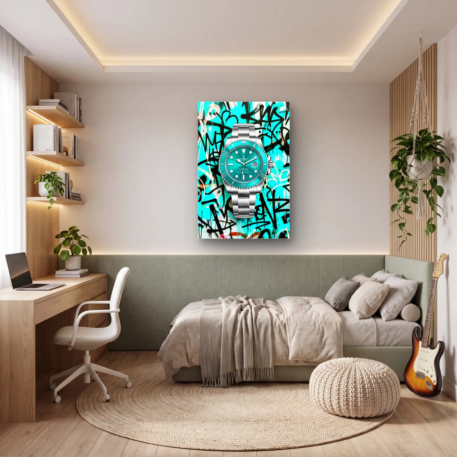 Turkuaz Grafiti Rolex Submariner cam tablo — genç odasında