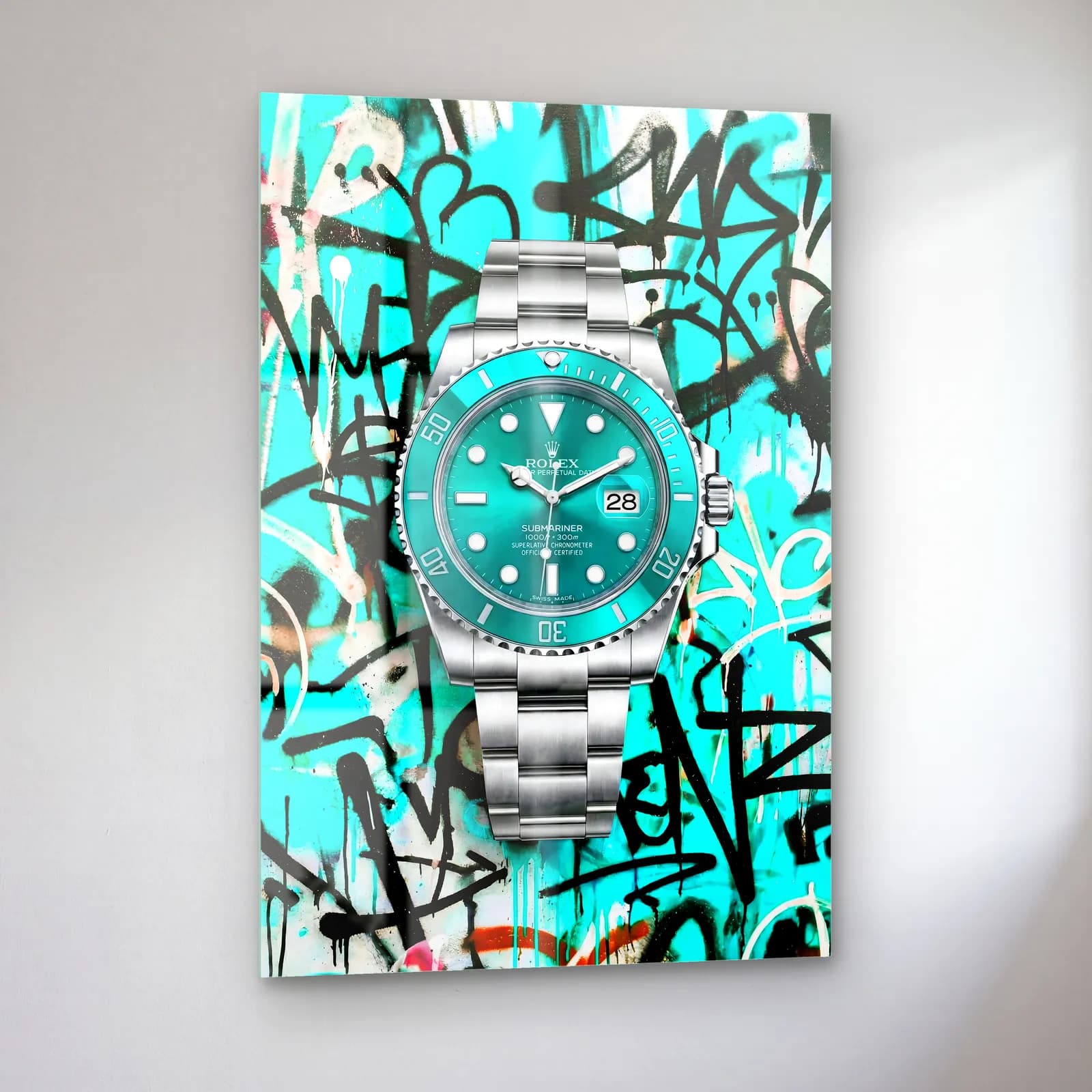 Turkuaz Grafiti Rolex Submariner cam tablo — sol açıdan görünüm